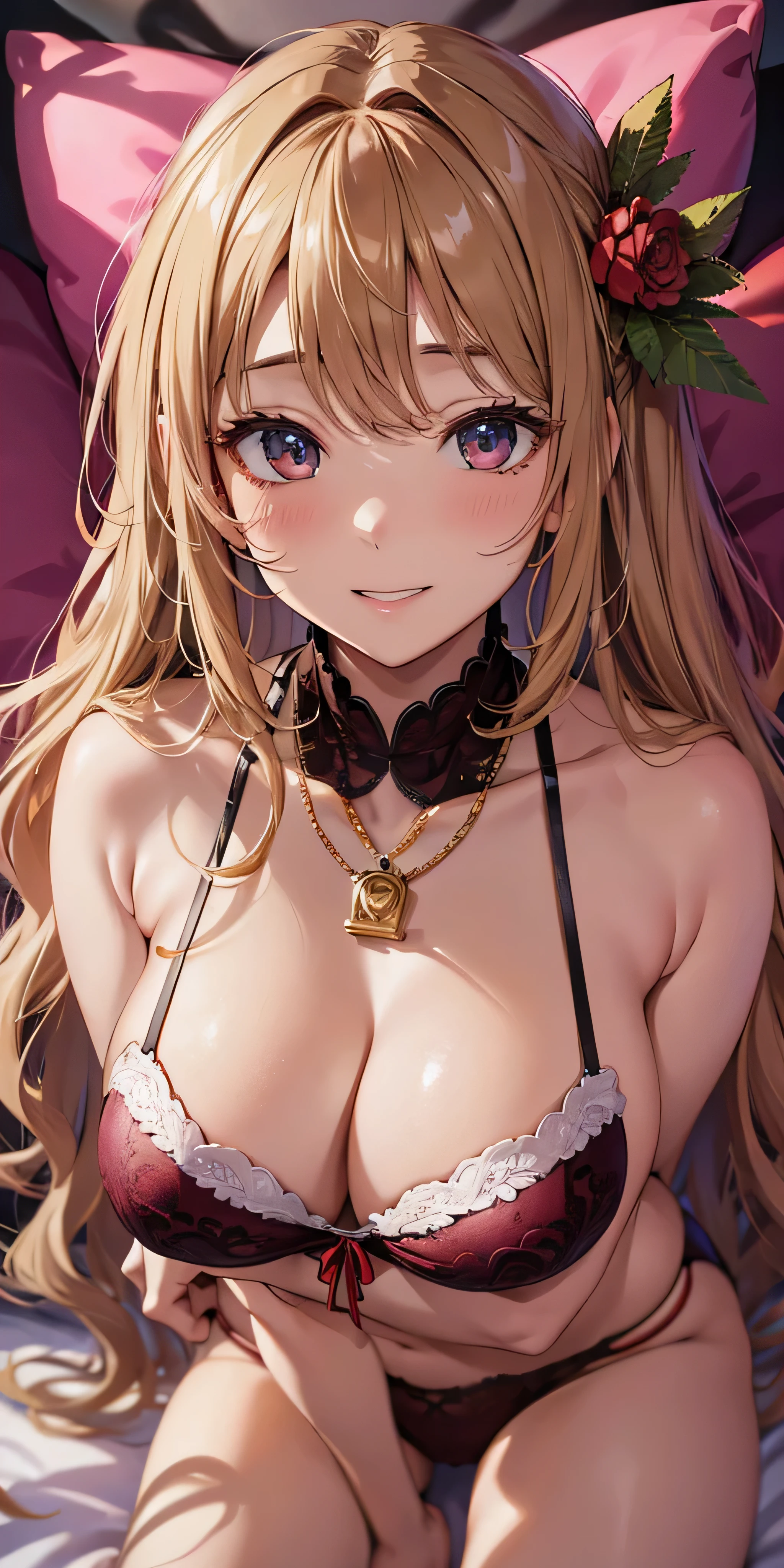 masutepiece, Best Quality, the Extremely Detailed CG Unity 8K Wallpapers, Sexy Santa Claus , Long dark blonde wavy hair、, Big necklace、耳环、Medium milk, , Emphasis on the chest, Blushing, Shy laughter, 、、a luxury hotel room、、Very embarrassing panic smile, 、(opens legs、Pink bra、Touch your chest with both hands、Pink lace panties、lying on the bed、Kamimei)、