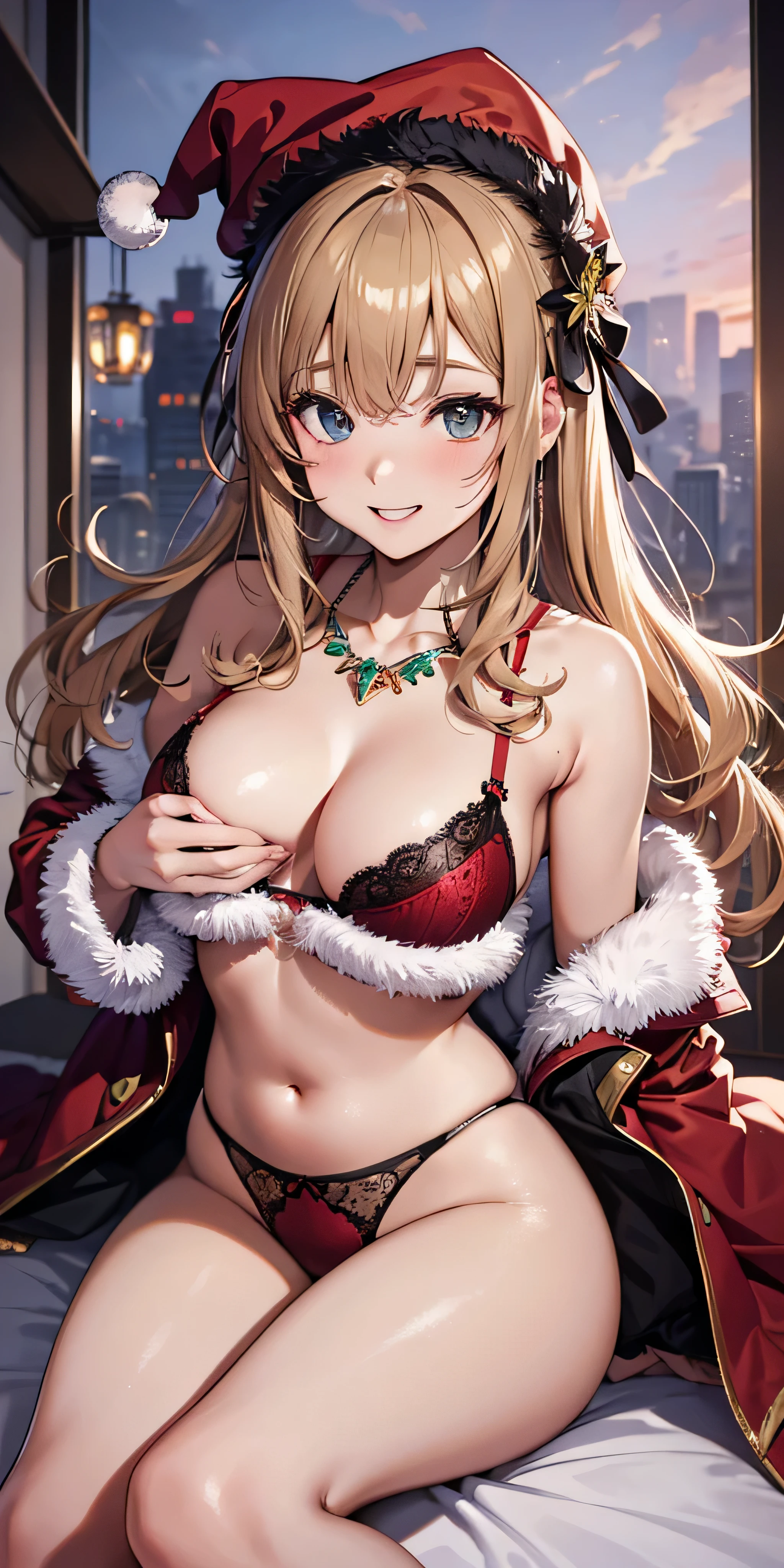 masutepiece, Best Quality, the Extremely Detailed CG Unity 8K Wallpapers, Sexy Santa Claus , Long dark blonde wavy hair、, Big necklace、耳环、Medium milk, , Emphasis on the chest, Blushing, Shy laughter, 、、a luxury hotel room、、Very embarrassing panic smile, 、(opens legs、Red BRA、Touch your chest with both hands、Red and black lace panties、lying on the bed、Kamimei)、