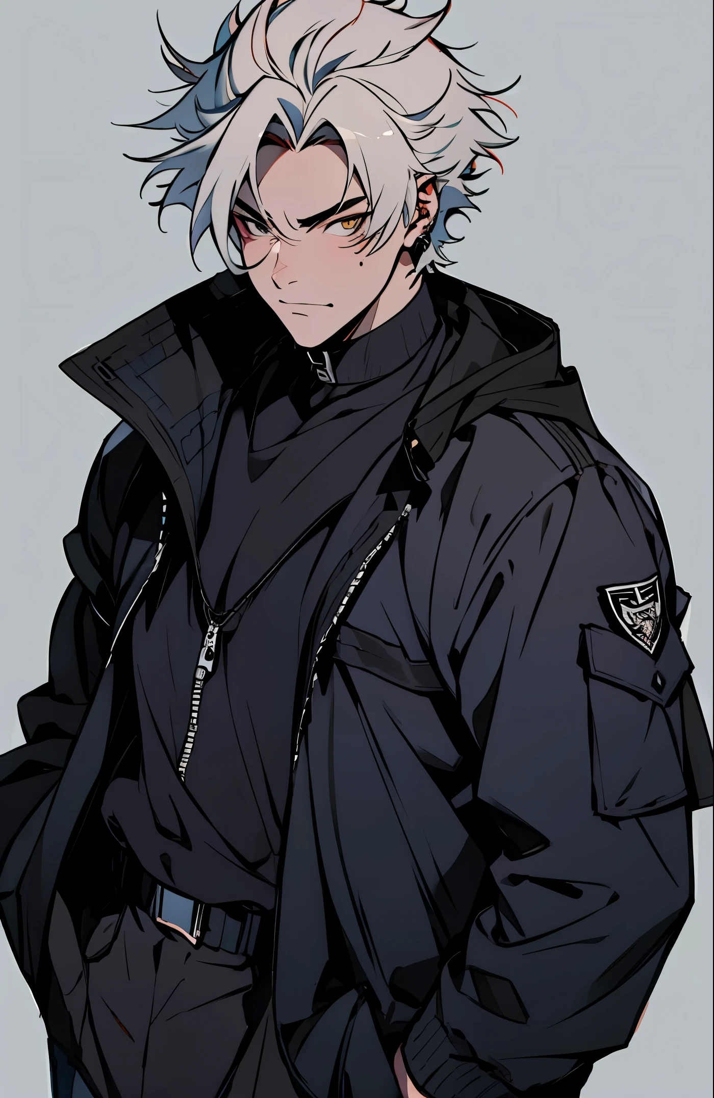 A mais alta qualidade, 8K, image high resolution, estilo anime Jujutsu Kaisen , Detailed strokes, fundo desfocado, purple light , (angulo de perto), 1 homem, jovem, masculo, modelo, multicolored background with various geometric shapes , stikers em volta, musculoso, cabelo vermelho, wearing a cold jacket , pants marking the crotch, olhos marcantes, with the shirt, swollen chest