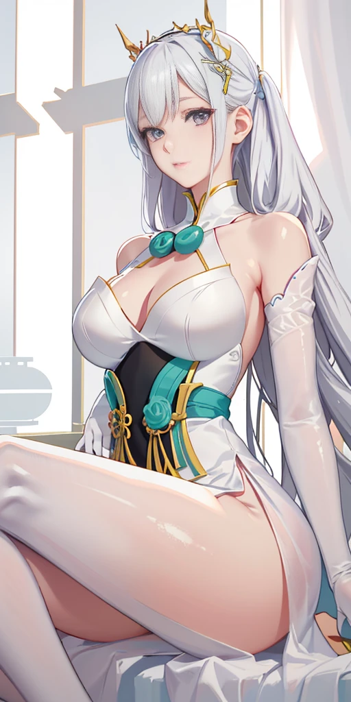 Anxious woman in white dress sitting on windowsill, Japanese cartoon goddes, 8K high quality detail art, Fan Art Best Art Station, Very detailed ArtGerm, Fair and shiny skin, Popular topics on cgstation, goddes. extremly high detail, pale milky white porcelain skin, detailed digital Japanese cartoon art, finely detailled. Japanese cartoon. tentaculata, Japanese cartoon highly detailed