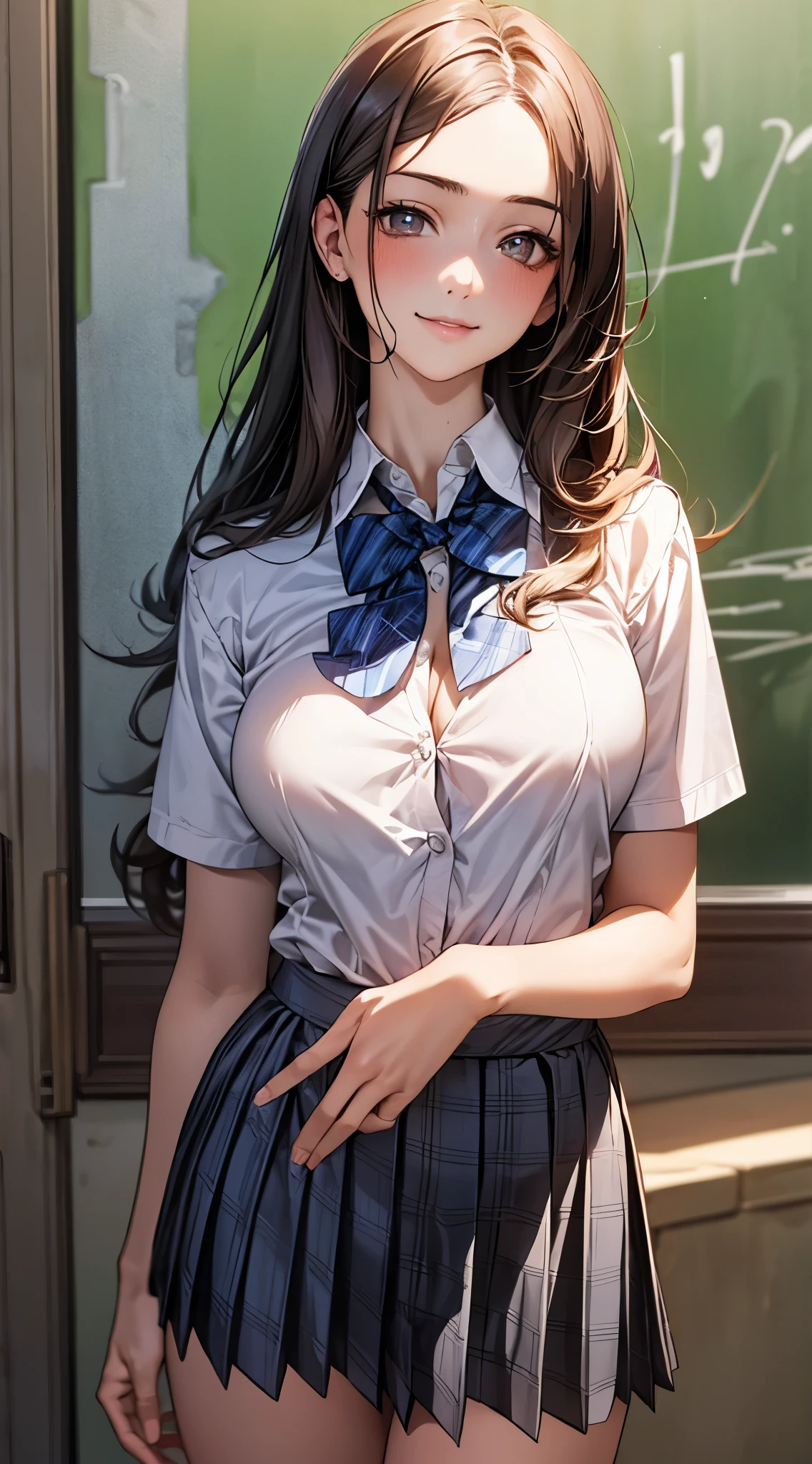 (masterpiece:1.2, highest quality), (realistic, photorealistic:1.4), beautiful illustrations, 
looking at the viewer, whole body, Front view:0.6, 
1 girl, Japanese, high  girl, (long hair:1.5), blown hair, (half up, half updo), bangs, hair between eyes, big breasts:0.8, 
beautiful hair, beautiful face, beautiful and fine eyes, beautiful clavicle, beautiful body, beautiful breasts, beautiful thighs, beautiful feet, beautiful fingers beautiful scenery), , dimly lit bedroom,
((Wet and see-through collared short-sleeved shirt, Light blue bra, school uniform, Grey plaid pleated skirt, )), white panties, 
(Are standing, , lift the skirt, Grab the hem of the skirt, put your hand on your chest, hand during relash, ,