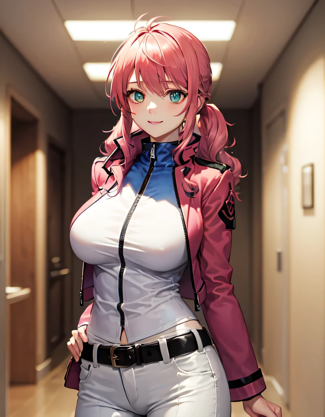 feldt grace, felt uniform, Long hair, Cropped jacket, Pink jacket, White pants, Belt bag,(Large breasts:1.5),Looking at Viewer,(((masutepiece))),((Best Quality)),Perfect Anatomy,8K UHD,extra detailed face,gloss and shiny,((1girl in)),((Solo)),(Beautiful detailed eyes:1.5),image perfect,(Upper body:1.1),(Look at the front:1.1),Arms behind,Slim waist,Shiny hair,Standing,lightsmile,indoor hall,