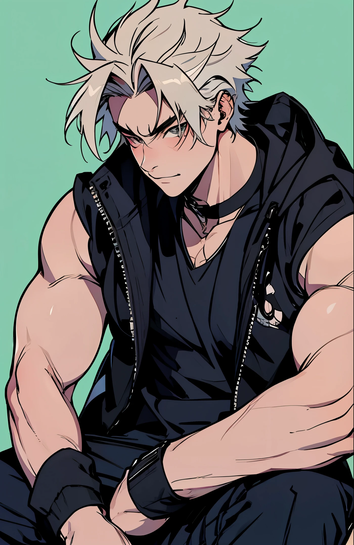 A mais alta qualidade, 8K, image high resolution, estilo Jujutsu Kaisen, Detailed strokes, fundo desfocado, natural lightting, (angulo de perto), 1 homem, jovem, masculo, modelo, desfilando em uma passarela com pessoas assistindo o desfile , musculoso, cabelo vermelho, wearing a cold jacket , pants marking the crotch, olhos marcantes, with the shirt, swollen chest