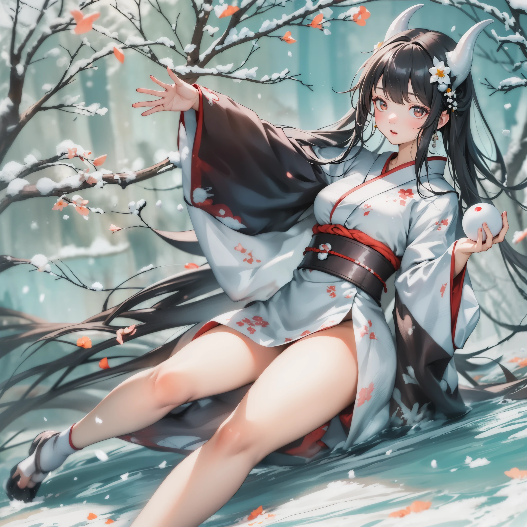 (masterpiece, best quality:1.2), (1girl, solo), 18years old, full body, white kimono, black long hair, pearl white demon horns, (surprised expression:1.1), spread both arms, (holding snow ball:1.3), slipping down, (snowfield, falling snow), wide shot, Oriental old style temple back ground