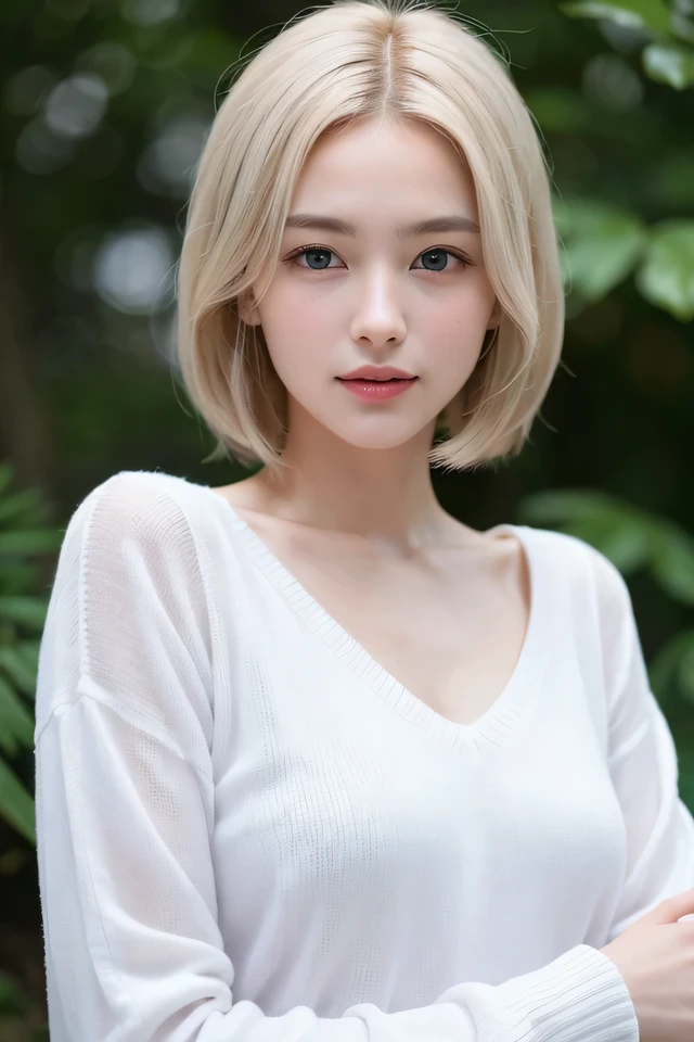 １４Caucasian model at the age, Full-body image,（(Clean clothes)), white  clothes, Skin Color, Pretty Caucasian Woman,  White hair, A smile, (8K, Raw photography, top-quality, ​masterpiece: 1.2), ​masterpiece, Super Detail, 超A high resolution, (Realistic and realistic photos: 1.37), high-definition RAW color photography, extremely delicate and beautiful, 非常にdetaileds, 8K Wallpaper, astonishing, detaileds, 非常にdetailedsな目, 非常にdetailedsな肌, 非常にdetailedsな指, h非常にdetaileds nose, 非常にdetailedsな口, perfect anatomia, The upper part of the body, , Sheer feeling、Transparency、Wearing a white sweater、, white  hair, Blue eyes, ​masterpiece, realistic skin textures, 超detaileds, shiny hair and white skin, 、 beautifully dressed body、Juvenile impression、The upper part of the body、Blue eyes、Deep carving、she looks like a white woman、Clean clothing、natural skin textures