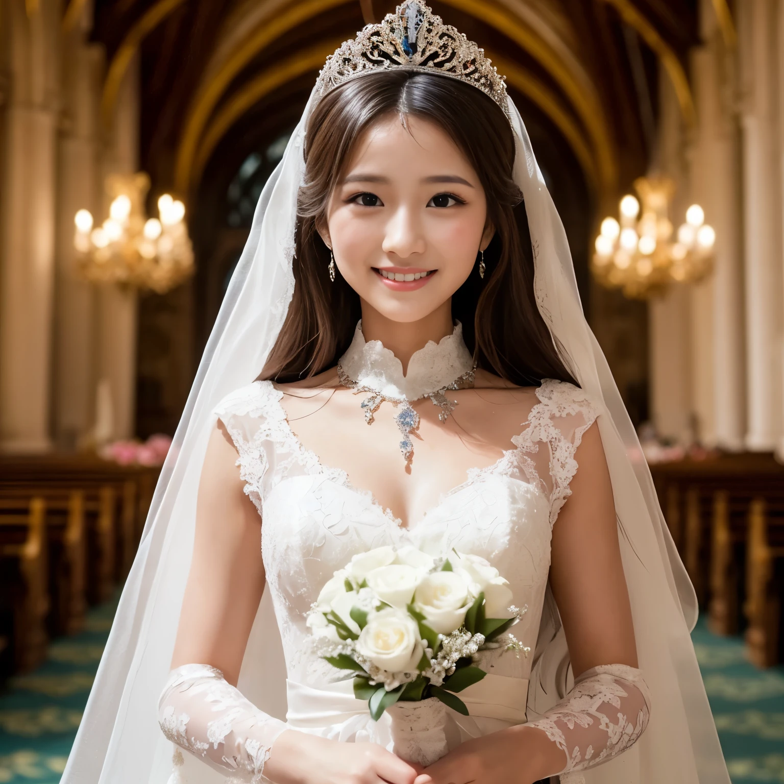 (Highest quality、Tabletop、8k、Best image quality、Award-winning works)、One beautiful bride、(alone:1.1)、(The most extravagant and gorgeous huge wedding dresses:1.1)、(Perfect Wedding Lace:1.2)、(The most gorgeous and luxurious giant tiara:1.1)、(The most extravagant and luxurious giant necklace:1.1)、Look at me with your best smile、A wide selection of the finest jewellery、Upper body photo、Perfect Makeup、Long eyelashes、Ultra HD Shining Eyes、Ultra HD Hair、Ultra-high resolution glossy lips、Ultra High Resolution Perfect Teeth、Super high resolution beautiful face、(Accurate anatomy:1.1)、(Very bright and beautiful skin:1.2)、(very bright and vivid:1.2)、Perfect beautiful bridal hairstyles、A gorgeous and elegant church、A gorgeous and beautiful church、(Front facing body:1.1)、(The most romantic atmosphere:1.1)、(Strongly blurred background:1.1)、(Calm and warm lighting:1.1)