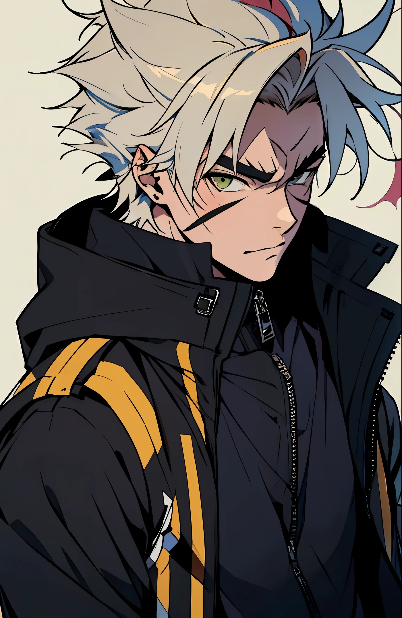 A mais alta qualidade, 8K, image high resolution, estilo anime Jujutsu Kaisen , Detailed strokes, fundo desfocado, purple light in the face , (angulo de perto), 1 homem, jovem, masculo, modelo, bandeide na bochecha, multicolored background with various geometric shapes , stikers em volta, musculoso, cabelo vermelho, wearing a cold jacket , pants marking the crotch, olhos marcantes , with the shirt, swollen chest