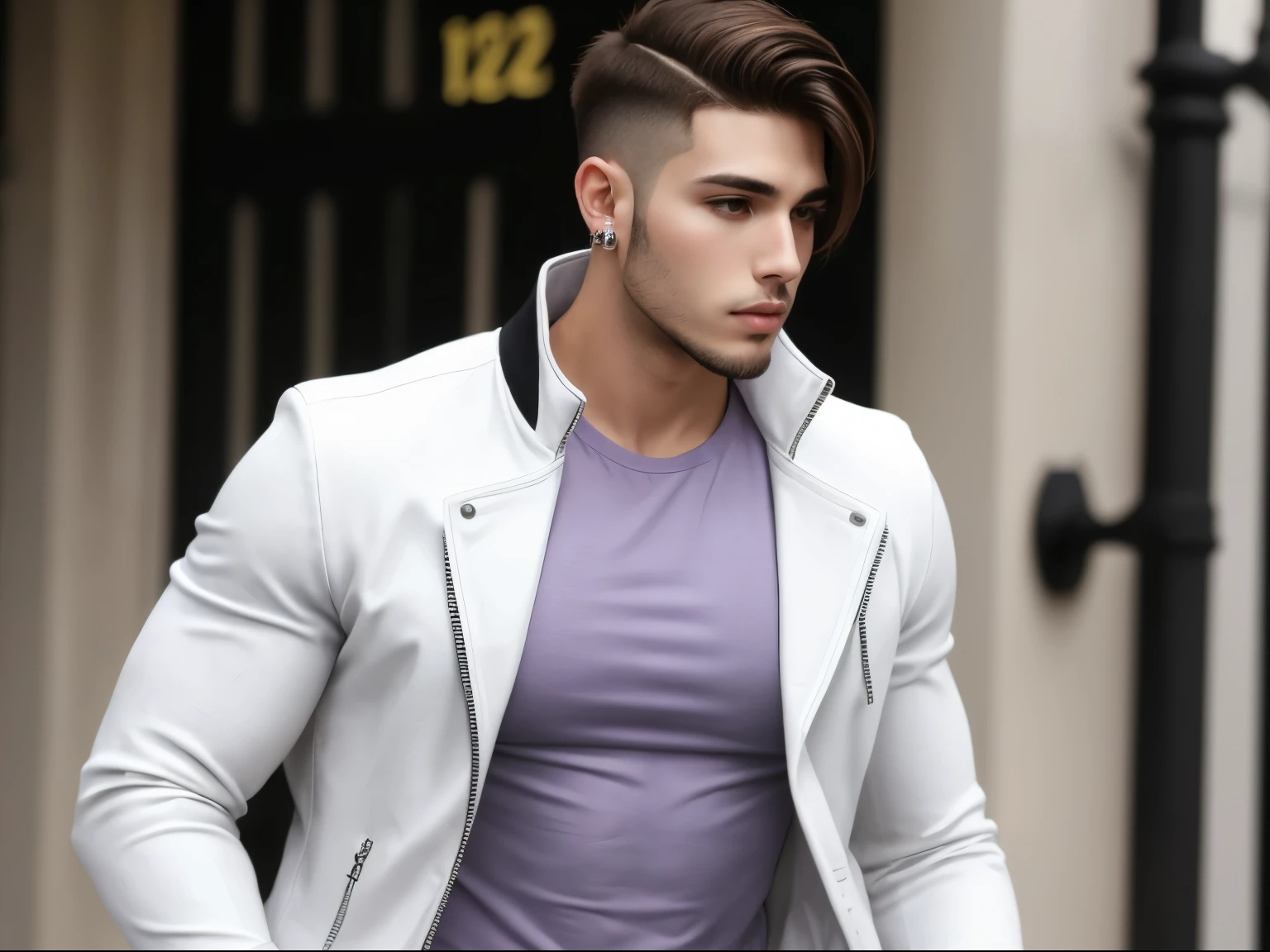 Homem de cabelo cacheado roxo, usando piercing, musculos, branco e usando jaqueta