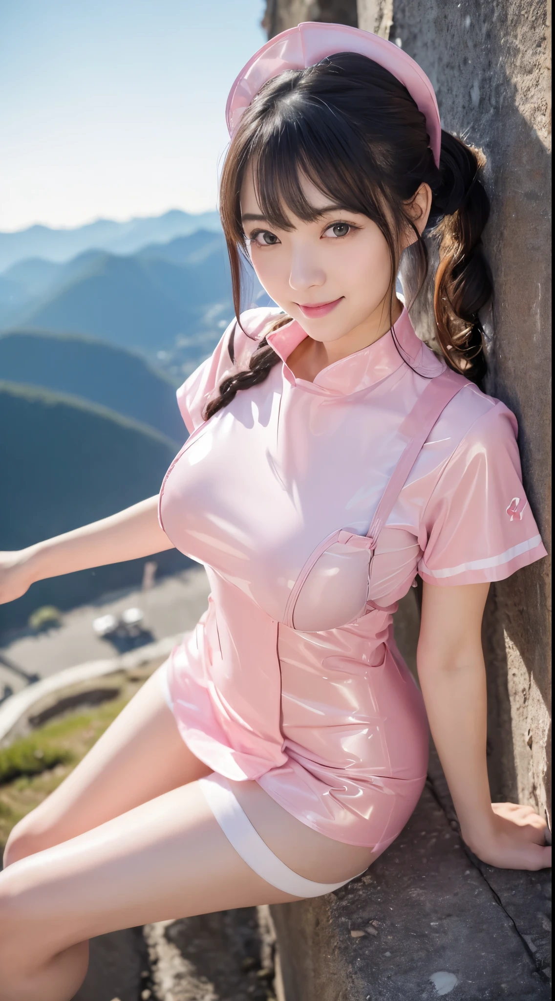 Sit cross feet,Bright outdoors、Walking around the city、1 Japanese girl,full smile,(Wearing white nurse clothes:1.2),(RAW Photos, Highest quality), (Realistic, photo-Realistic:1.4), masterpiece, Very delicate and beautiful, Very detailed, 2k wallpaper, wonderful, finely, Very detailed CG unity 8k wallpaper, Very detailed, High resolution, Soft Light, Beautiful detailed girl, Very detailed eyes and face, Beautiful and sophisticated nose, finely beautiful eyes, nurse, Perfect Anatomy, Black Hair, Upstyle, nurse uniform, ((smile)), mini skirt, nurse, Pink outfit, thin, clear, White Uniform, Neck auscultation,Bobcut、front,feet,(((Pink Panties))),Black long hair