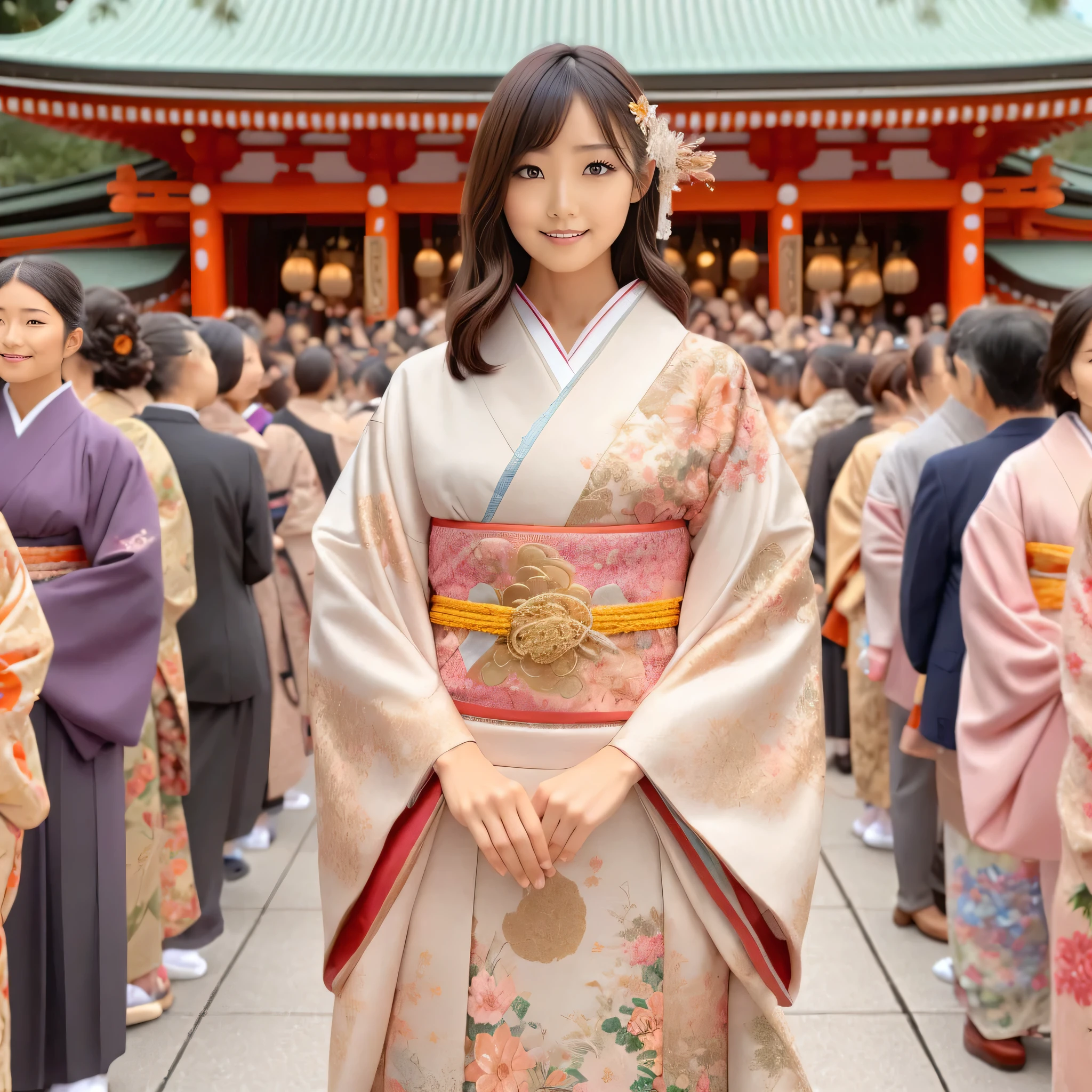 there is a woman in a Kimono standing in front of a crowd, wearing royal Kimono, japanese Kimono, in Kimono, wearing a Kimono, wearing a haori, wearing Kimono, traditional geisha clothing, pale and coloured Kimono, wearing Kimono armor, traditional japanese, in a Kimono, classy bath robe, Kimono, Komono, bath robe, bangss, s lips、out makeup、short eyelashes、watching at viewers、A smile、Photorealsitic、high-level image quality、masutepiece, Best Quality, 8K, Beautie、Fine details