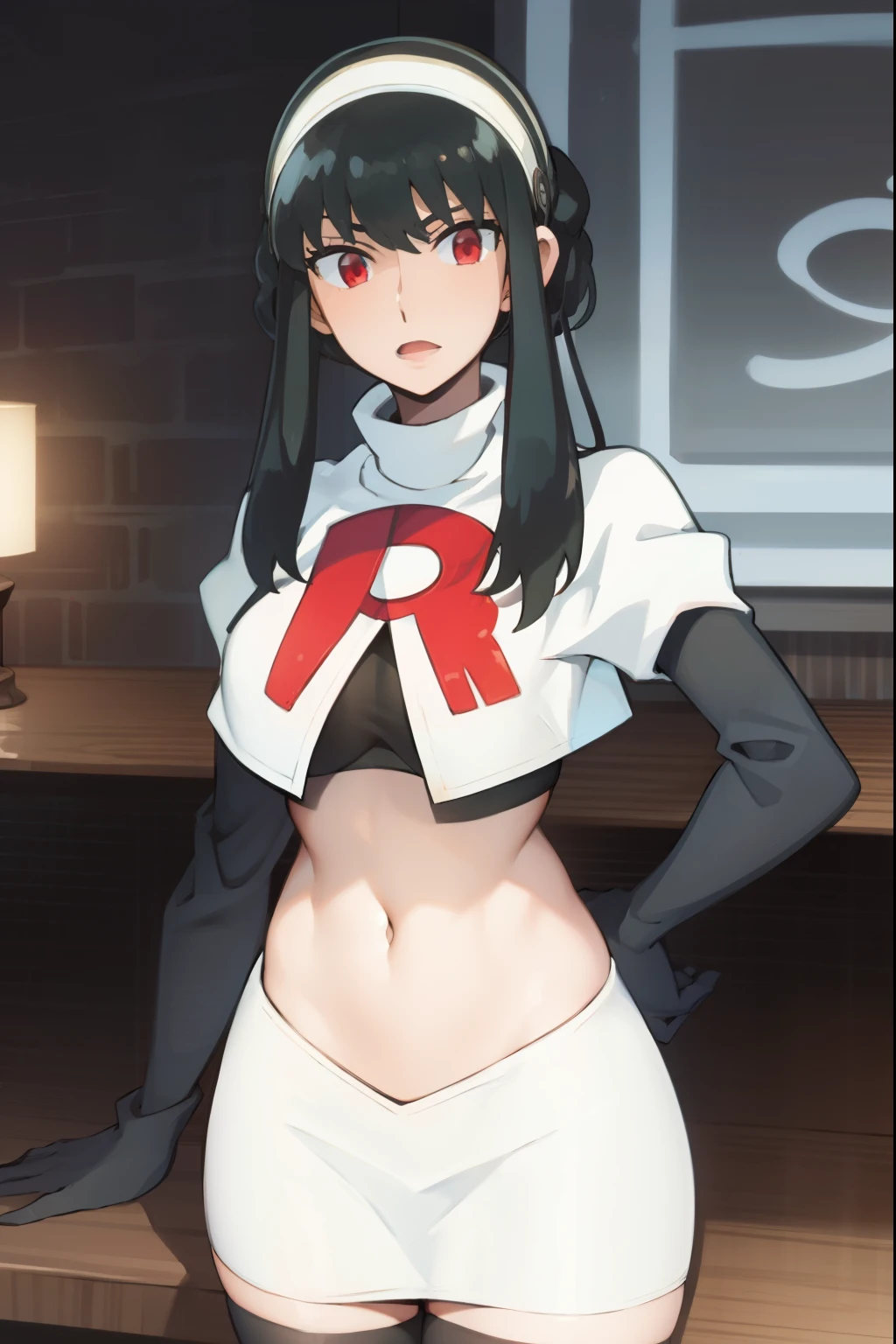 yor, 1girl, black hair, red eyes, black hair, short hair, short hair with long locks, bangs, sidelocks, white hairband,team rocket,team rocket uniform, red letter R, white skirt,white crop top,black thigh-highs,black elbow gloves,