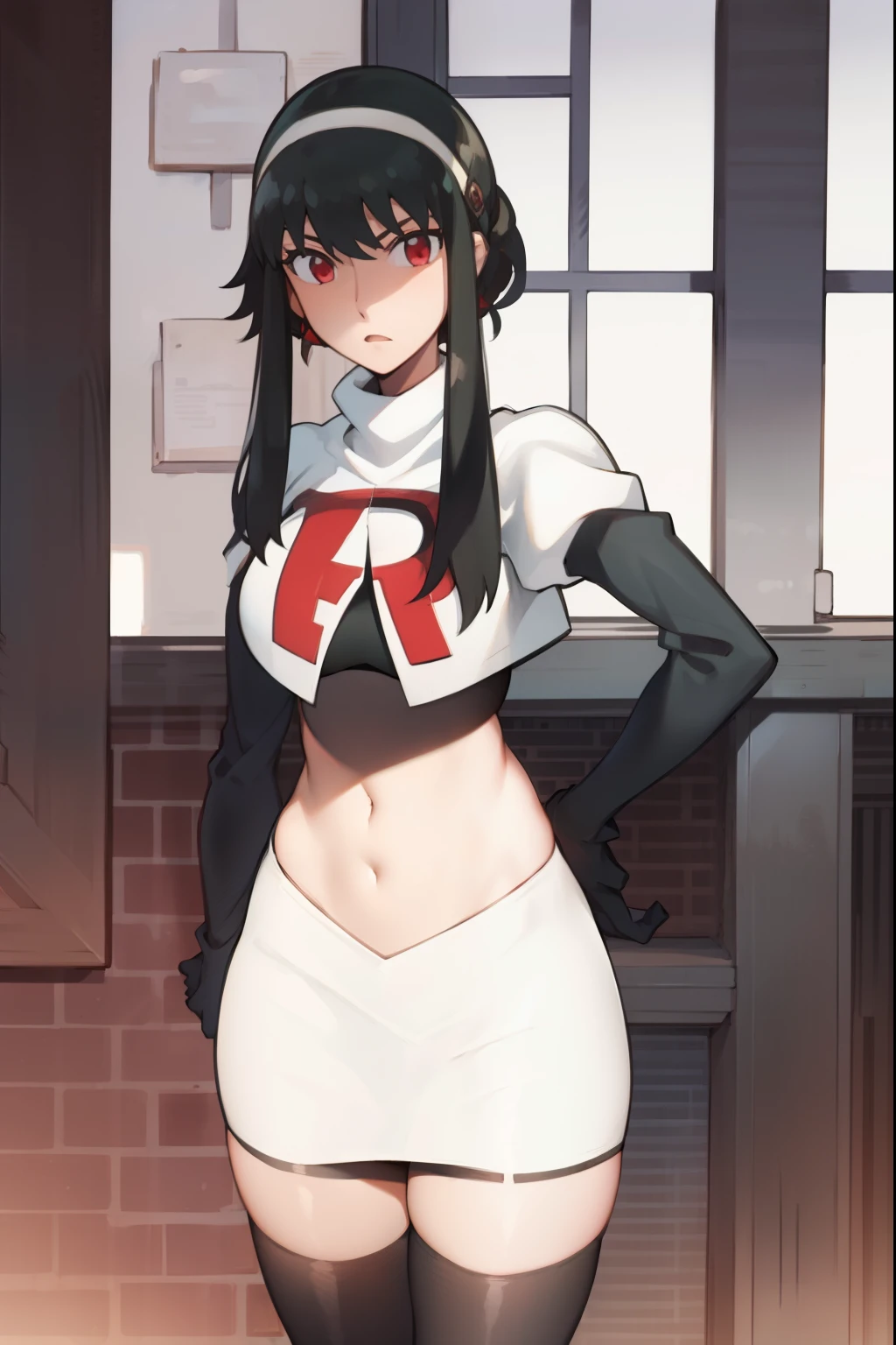 yor, 1girl, black hair, red eyes, black hair, short hair, short hair with long locks, bangs, sidelocks, white hairband,team rocket,team rocket uniform, red letter R, white skirt,white crop top,black thigh-highs,black elbow gloves,