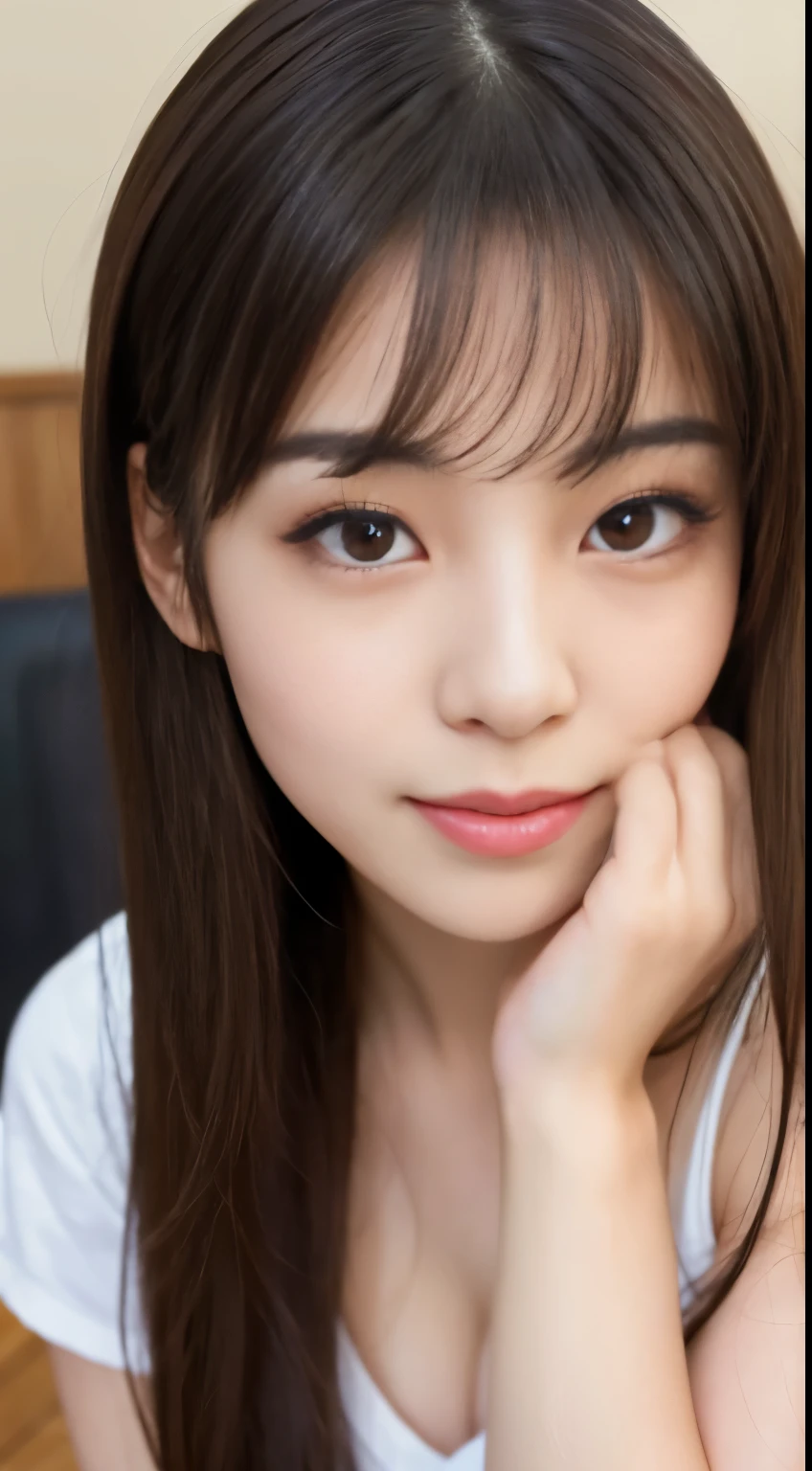 Best-quality, Masterpiece, Ultra-High-Resolution, (Photorealistic:1.4), Raw-Photo, Extremely-Detaied, Perfect-Anatomy, 1girl, the most popular Japanese idol, (((((She is extremely sexually aroused.))))), looking at viewer, innocent smile, extremely cute face like a most famous Japanese idol, extremely beautiful big black solid circle eyes, extremely beautiful hair, extremely beautiful lips, extremely beautiful long-eyelashes