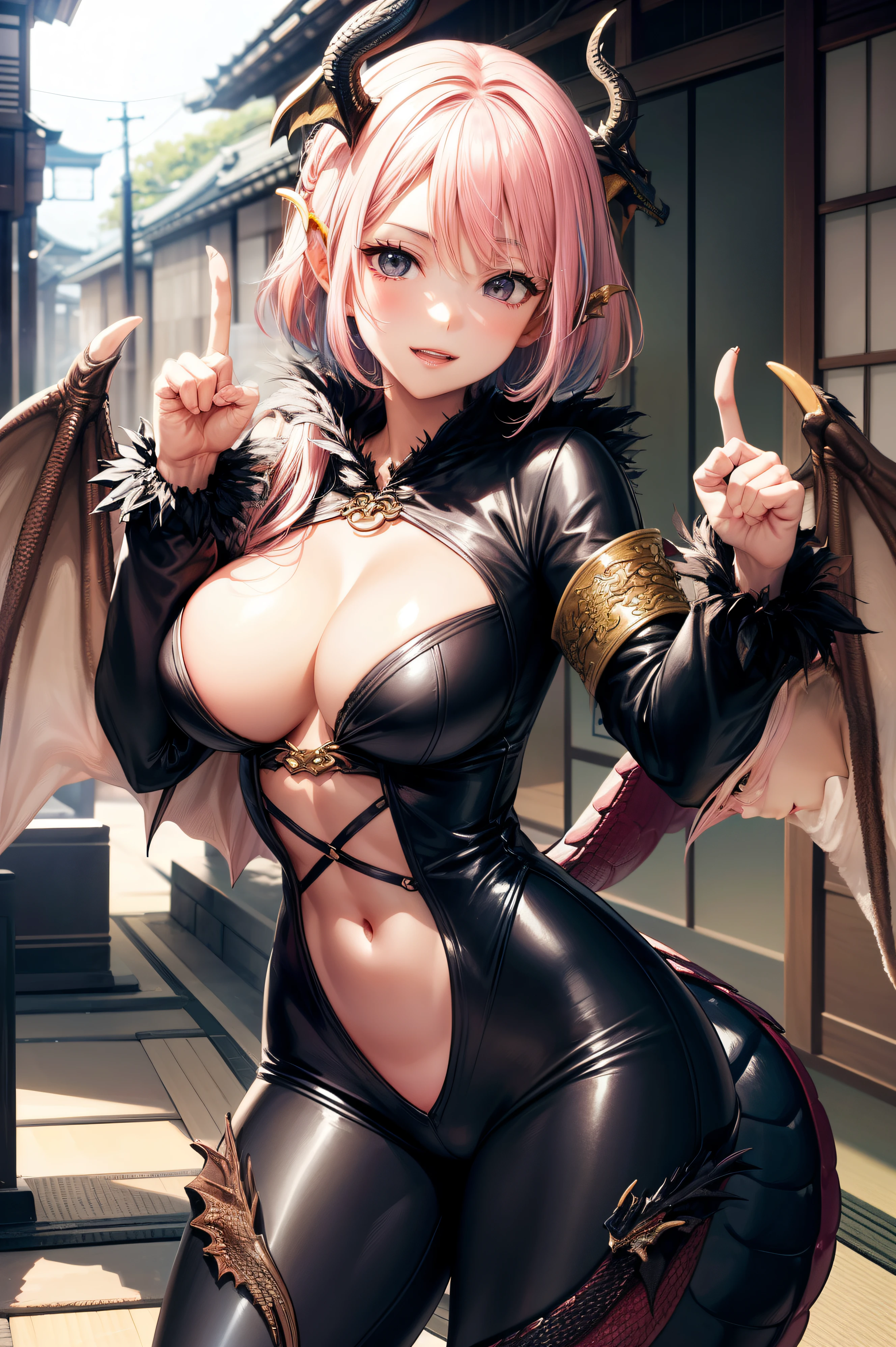 ((The costume has a metallic shine)), NSFW, ((Anatomically correct hand:1.5)), Anime, Sexy, ((In Kyoto Animation Style:1.5)), super precision, masterpiece, very extremely beautiful, Princess Face, ((1人の女性)), ((Solo:1.5)), ((Pink hair:1.5)), ((BobKat 1.5)), BREAK, ((Black eyes)), short-cut, ((Straight hair)), BREAK, Full limbs, ((complete fingers:1.5)), Black, ((Dragon costume:1.5)), BREAK, ((Dragon Girl:1.5)), BREAK, ((Skindentation)), Professional Lighting, (25-years old), Narrow waist, Shiny skin (Brown skin), ((Oiled skin)), glistning skin, Looking at Viewer, Cowboy Shot, ((Dynamic Pose:1.5)), Looking at the camera, Sexy, A slight smil, Slightly open mouth, Ultra-fine eyes, 超精細なfaces, ((thin lips:1.5)), Sexy, ((drooping eyes)), A slight smil, Sexy, ((portlate:1.5)), faces, Sexy, Looking at the camera, ((From the cute front, Large breasts, is standing, ((new year scenery)), dragon horn, Dragon wings,