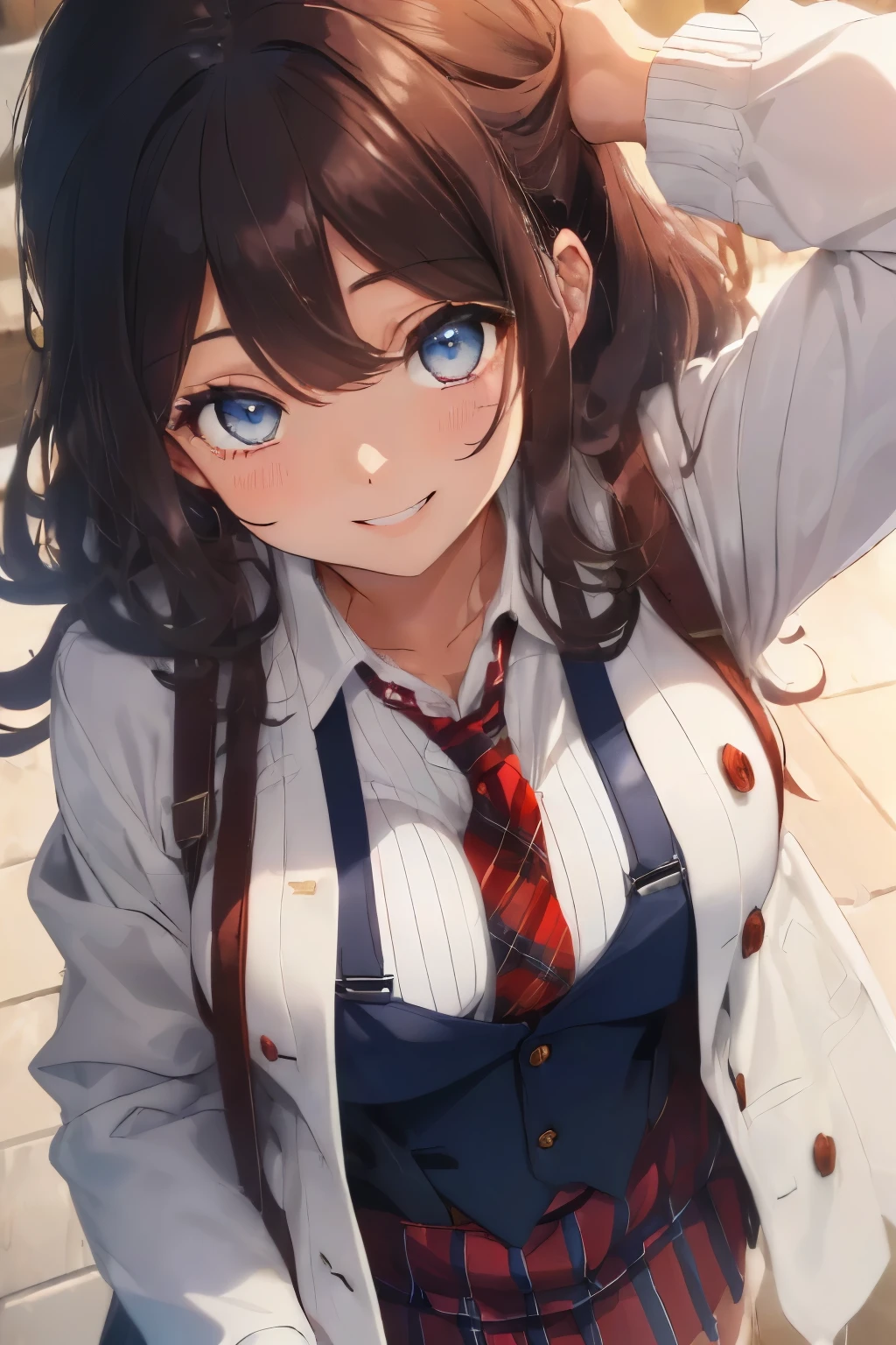 (Dark hair),(Curly hair with a lot of fluff:1.4),(Long curly hair:1.3),(With bangs),(Blue eyes:1.25),Slight red tide,(warm white coat:1.5),(white and navy striped clothes:1.2),(Red plaid tie:1.2),(skirt with suspenders:1.3),(pleatedskirt:1.2),(high socks),(Brown loafers),(Beautiful breasts spilling out of clothes:1.3),(Happy smile:1.1),(Smiling smile:1.15),(sunrise park:1.2),(Her eyes are sparkling:1.2),(Eye size:1.7),(Perspective from above:1.2),(close up of face:1.35),nsfw,(Show off your:1.3),