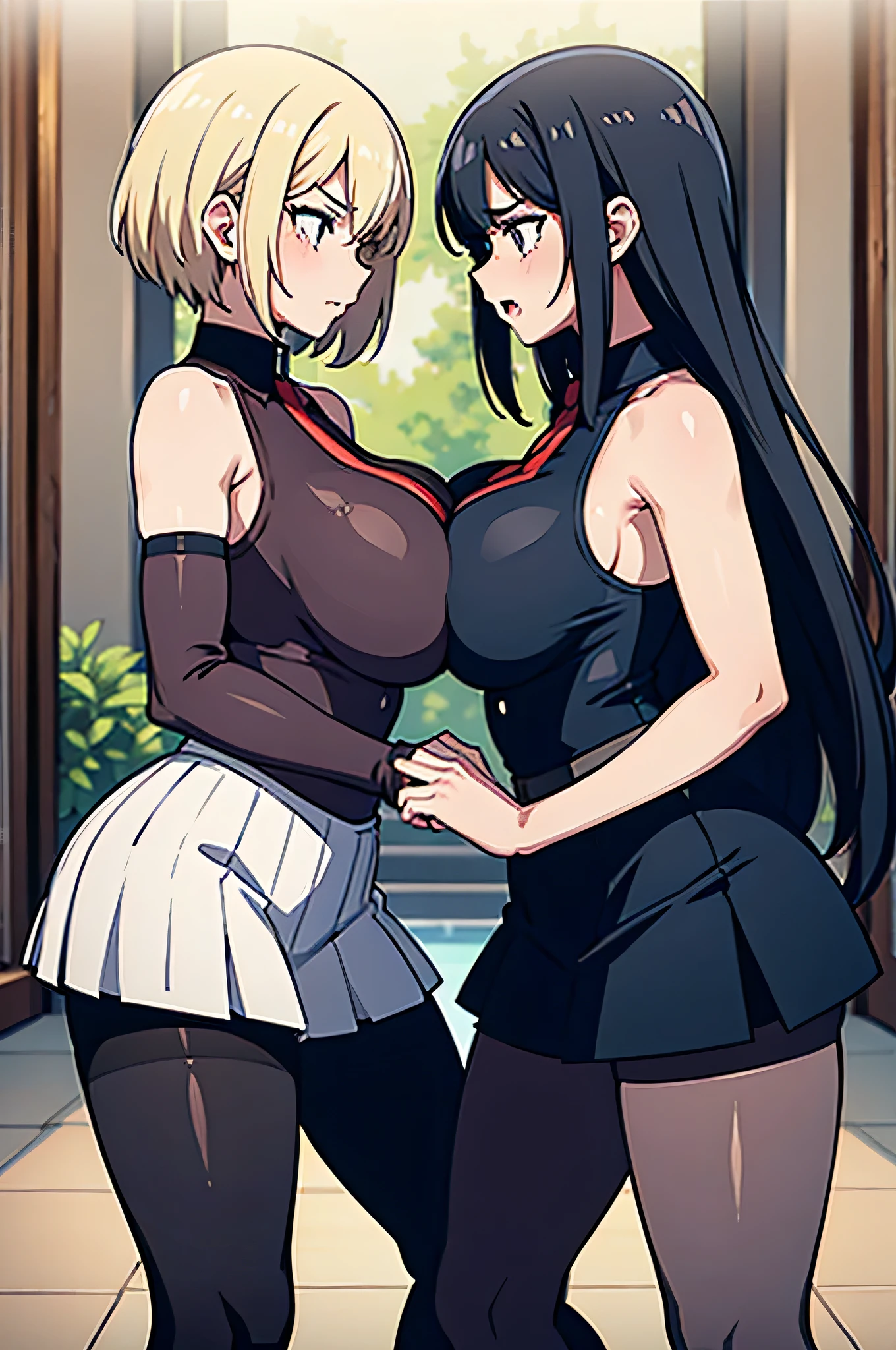 two girls with big boobs pressing their boobs against each other, short skirt and pantyhose, angry at each other, facing each other