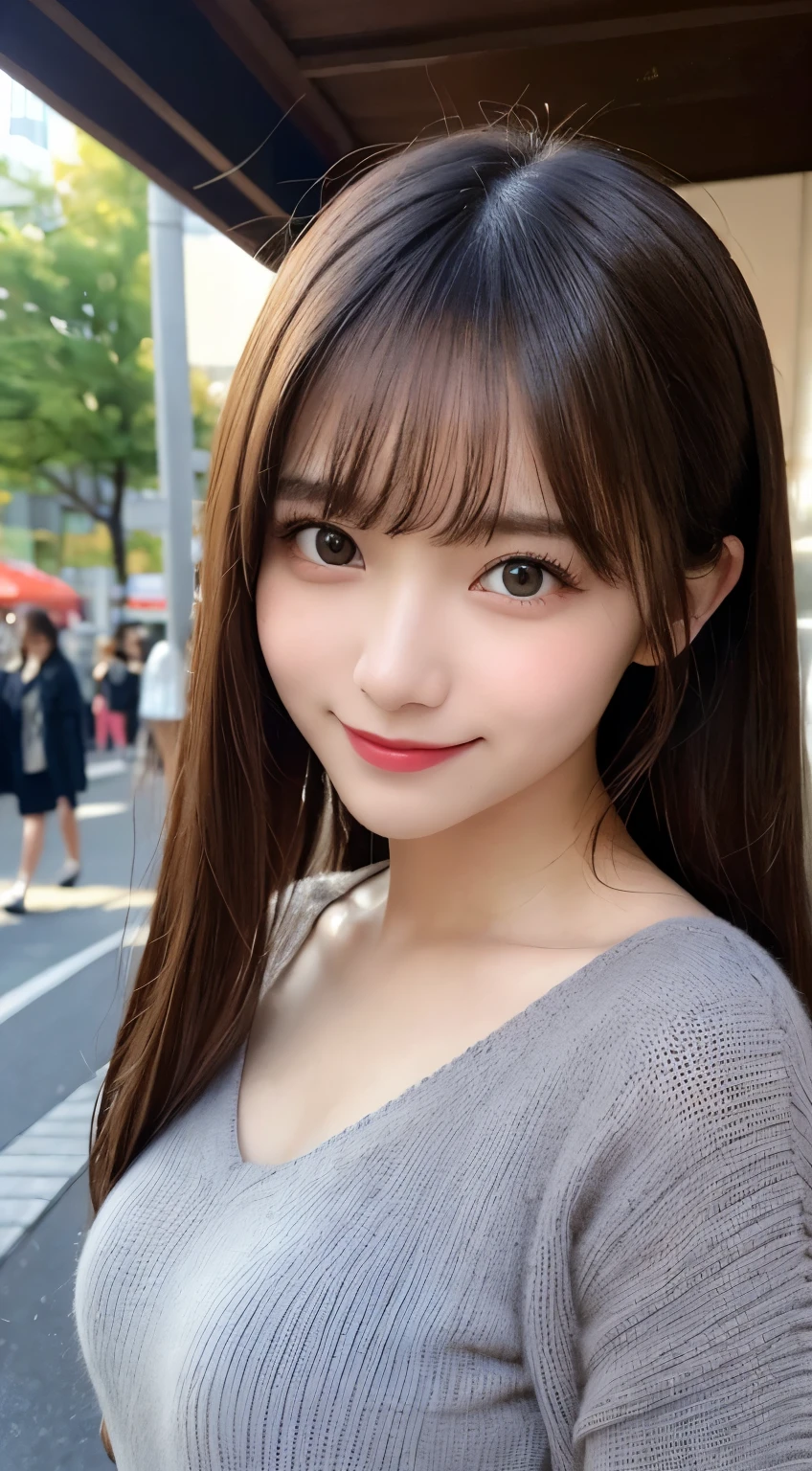 masutepiece, Best Quality, Illustration, Ultra-detailed, finely detail, hight resolution, 8K Wallpaper, Perfect dynamic composition, Beautiful detailed eyes, gray long sleeve knit dress,Straight hair,Small breasts natural color lip, Randomly sexy poses,Smile,Harajuku、20 years girl、Cute、Sexy shot looking at camera,Perfect and beautiful face