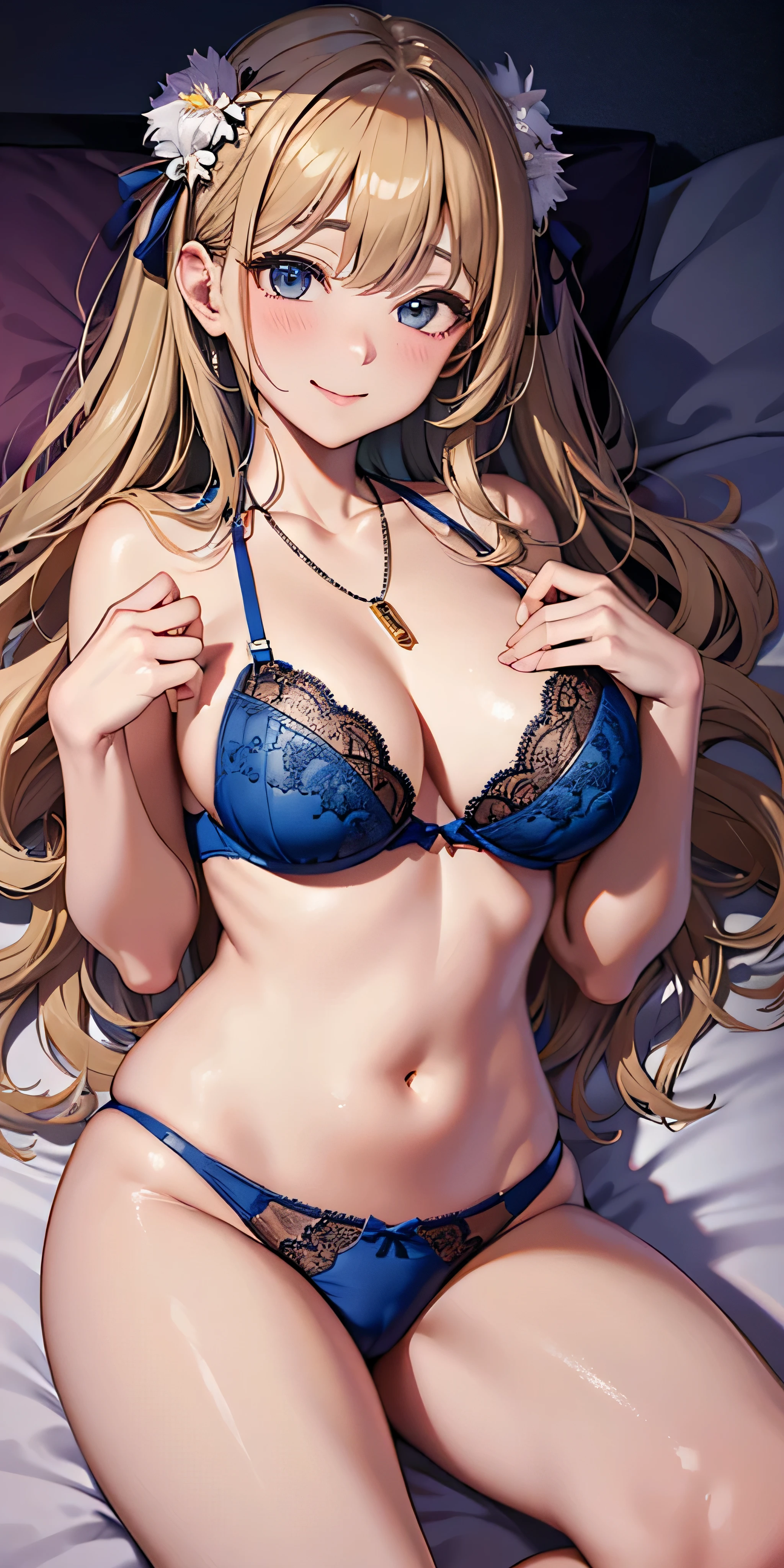 masutepiece, Best Quality, the Extremely Detailed CG Unity 8K Wallpapers, Sexy Santa Claus , Long dark blonde wavy hair、, Big necklace、耳环、Medium milk, , Emphasis on the chest, Blushing, Shy laughter, 、、a luxury hotel room、、Very embarrassing panic smile, 、(opens legs、Blue bra、Touch your chest with both hands、Blue lace panties、lying on the bed、Kamimei)、