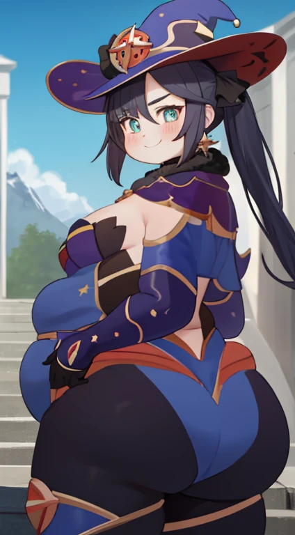 obese monastarpact, upper body, smile, obese body, fat butt, fat thick thighs, fat arms, blush, outdoors, day, simple background, blue sky, short hair, sky, temple, looking at viewer, stairs, mountain, moody lighting, facing viewer, sexy