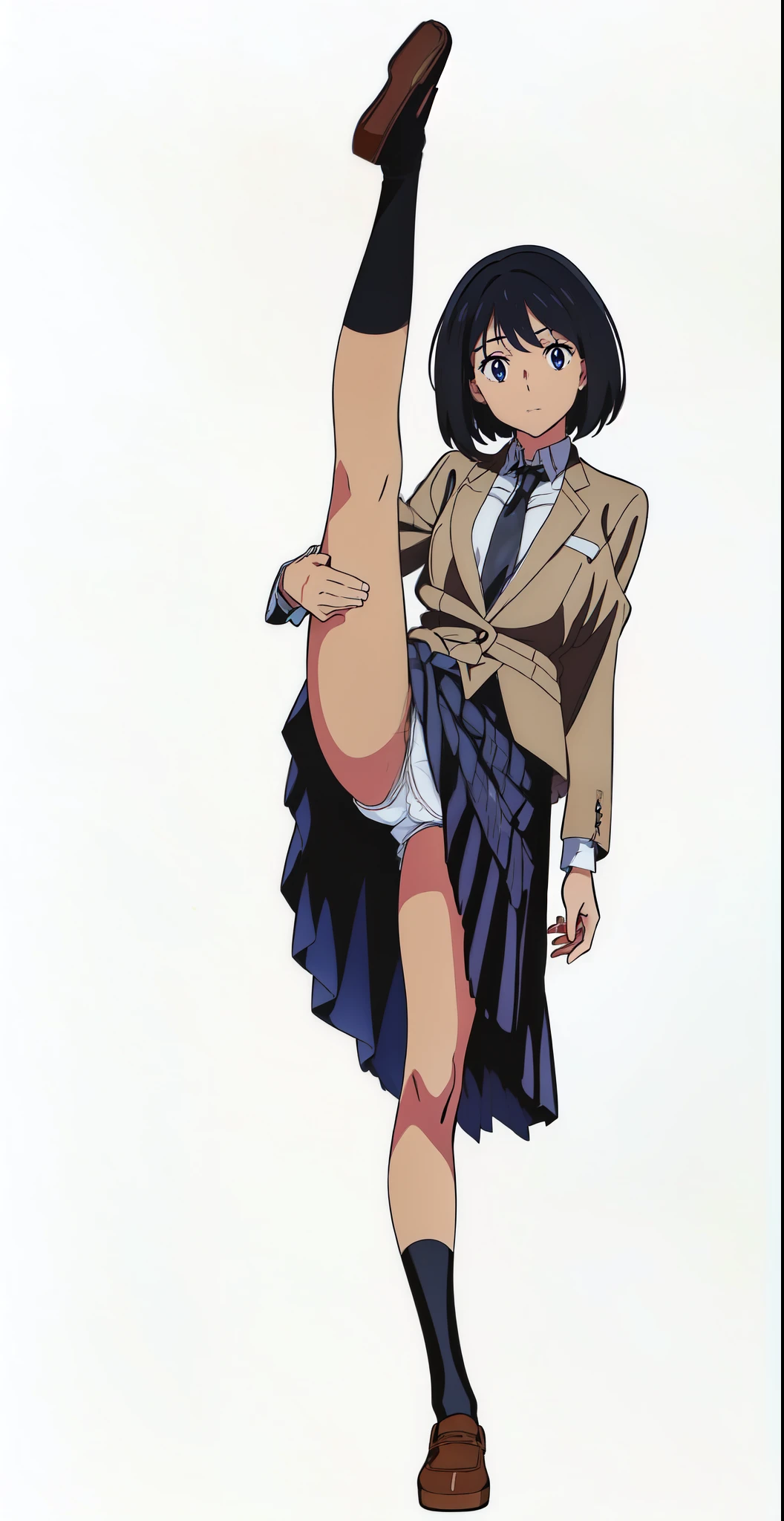(anime:2.0), (official art:2.0), (best quality:2.0), (cute:2.0), (detailed beautiful eyes:2.0), (detailed beautiful face:2.0), (glowing black eyes:1.5), (best quality:2.0), (loafers:1.0), (white cotton detailed panties:1.15), (white background:1.0), (anime:2.0), (official art:2.0), (best quality:2.0), (masterpiece:1.0), (full body:1.0), (solo:1.0), (a 18yo cute girl:1.0), (long skirt:1.0), (dark blue skirt:1.0), (pleated skirt:1.0), (school uniform beige blazer:1.0), (dark blue necktie:1.0), (loafers:1.0), (black socks:1.0), (ideal ratio body proportions:1.5), (lanky:1.5), (tall:1.5), (slender:1.5), (small breasts:1.5), (smaller face:1.5), (tareme:1.5), (detailed beautiful eyes:1.5), (detailed beautiful face:1.5), (glowing black eyes:1.1), (bob cut hair:1.0), (black hair:1.0)
