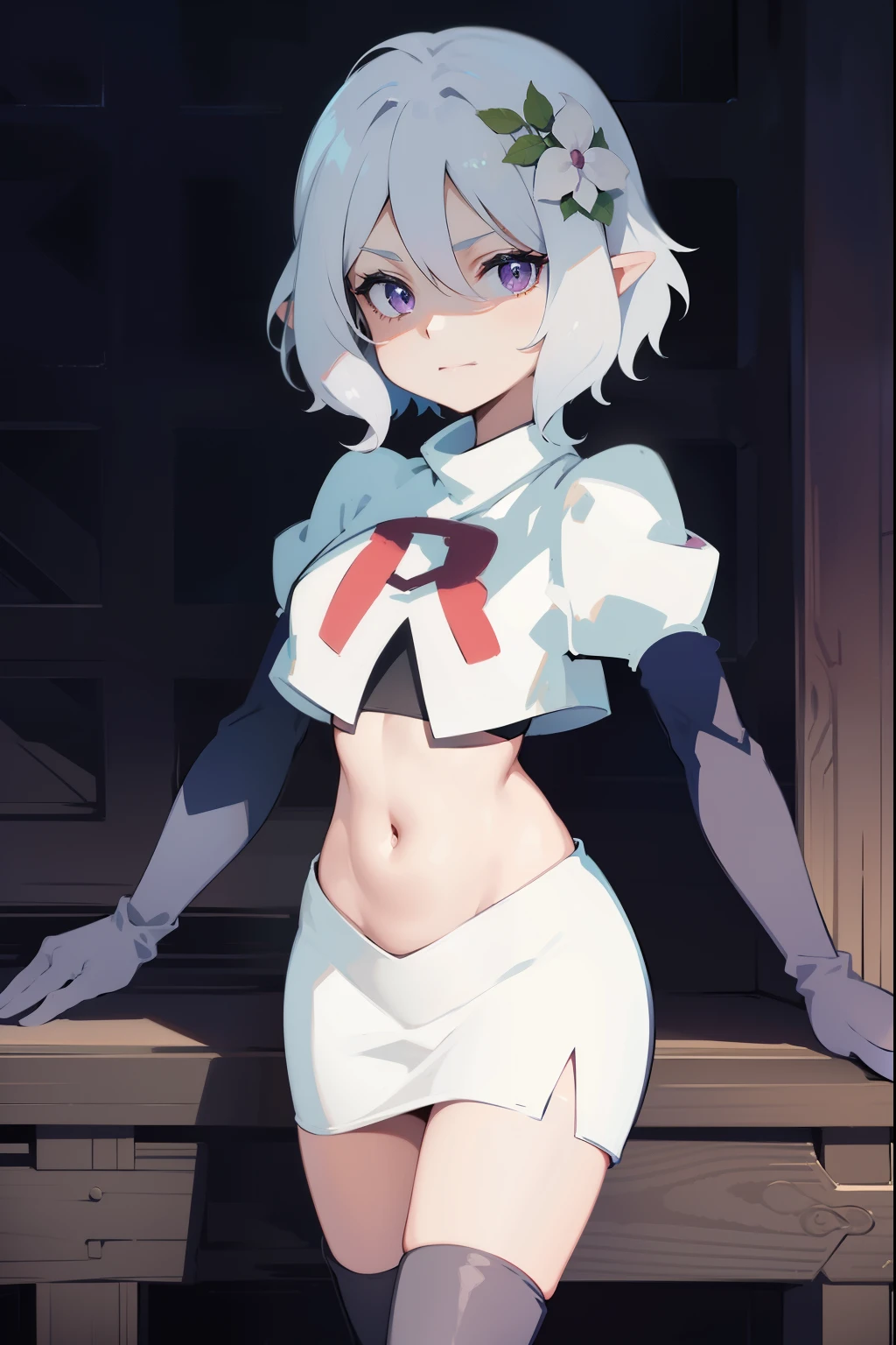 (4k, best quality, masterpiece:1.2), (realistic, photo-realistic:1.37), ultra-detailed, 1 girl, cute, solo,  (nose blush),small breasts, beautiful detailed eyes,(short hair:1.5), floating hair NovaFrogStyle, silver hair, blue eyes, natural lips, slim body,team rocket,team rocket uniform,white skirt,red letter R,crop top,black thigh-highs,black elbow gloves
