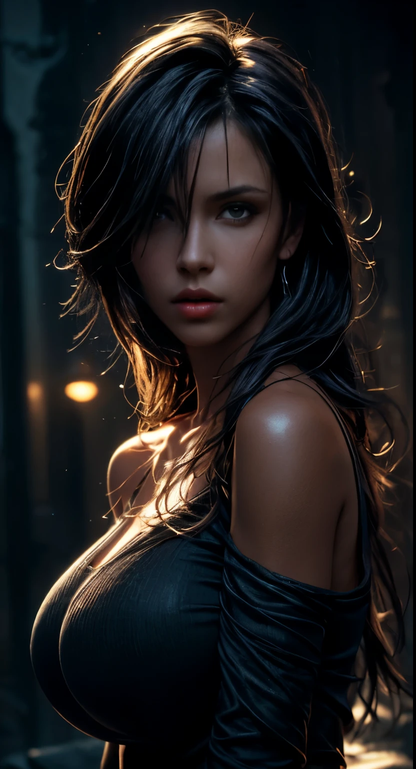 Best quality, masterpiece, ultra high resolution, (photorealistic: 1.4), raw photo, 1girl, big boobs, clothes with neckline, off shoulder, cinematic lighting, dark atmosphere, highly detailed skin texture, extreme details, dark fantasy, darktoon