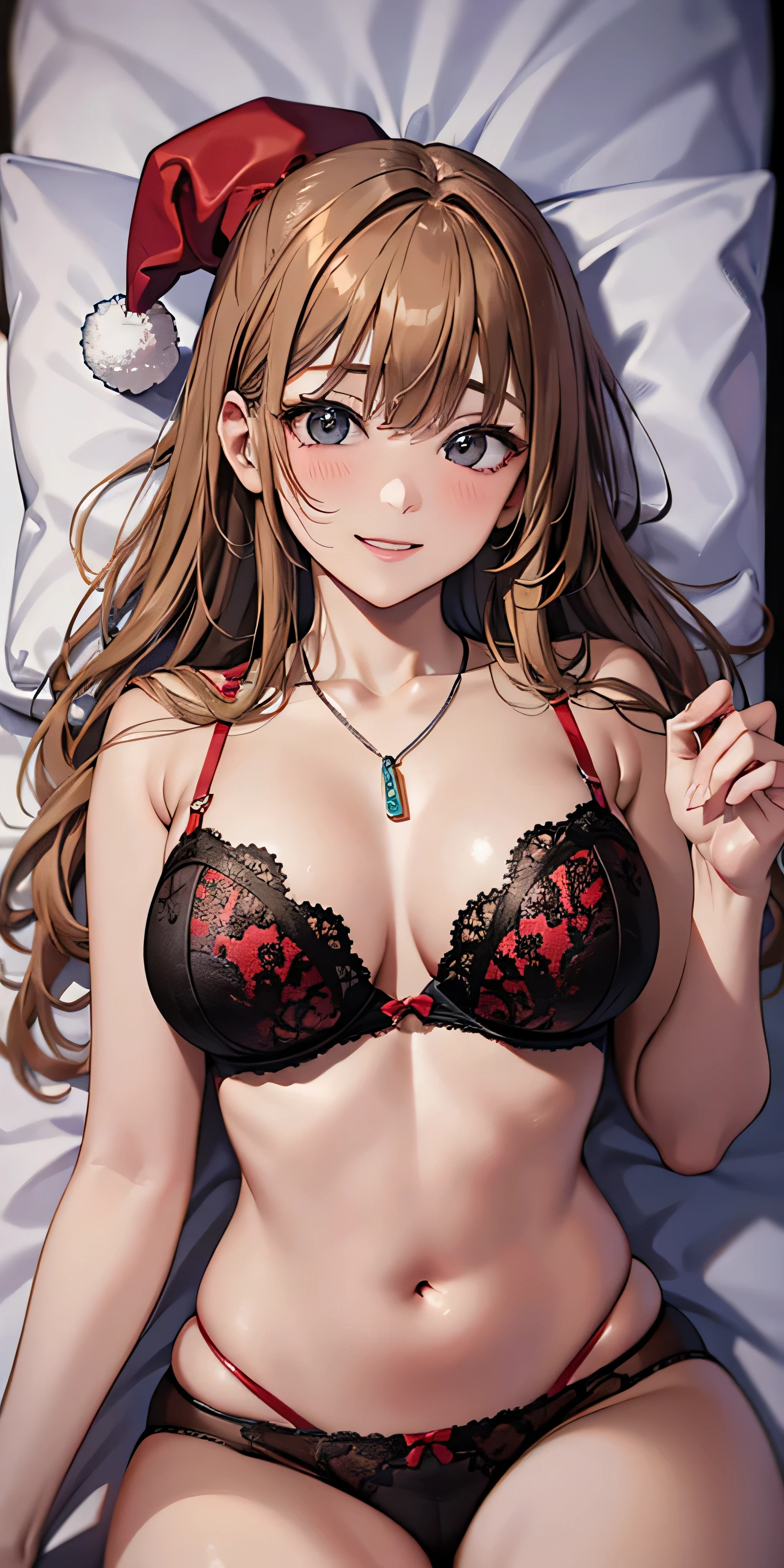 masutepiece, Best Quality, the Extremely Detailed CG Unity 8K Wallpapers, Sexy Santa Claus , Long dark blonde wavy hair、, Big necklace、耳环、Medium milk, , Emphasis on the chest, Blushing, Shy laughter, 、、a luxury hotel room、、Very embarrassing panic smile, 、(opens legs、Red BRA、Touch your chest with both hands、Red and black lace panties、lying on the bed、Kamimei)、