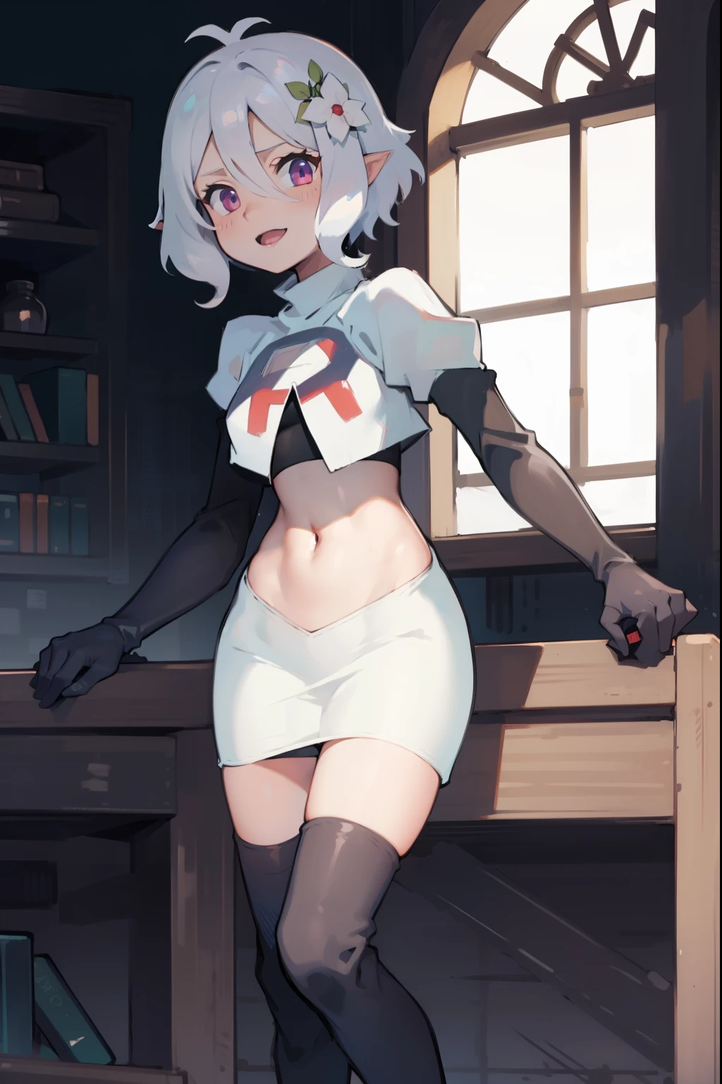 kokkoro,team rocket,team rocket uniform,white skirt,crop top,black thigh-high boots,black elbow gloves,