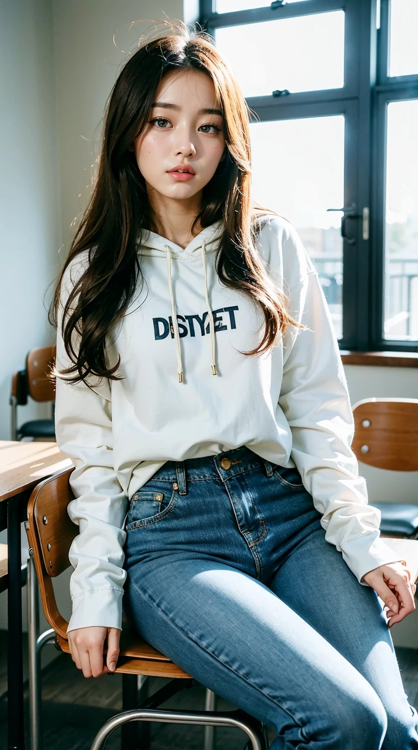 1girl, korean girl, 18 years old, 168cm,k-pop girl, half body, realistic, detailed, 4K image, long hair, white skin, bright skin, detailed eyes, blue eyes color, golden brown hair, wear hoodie, white hoodie, wear denim jeans, long denim jeans, looking to viewer, sit on chair, in classroom, morning sun light.
