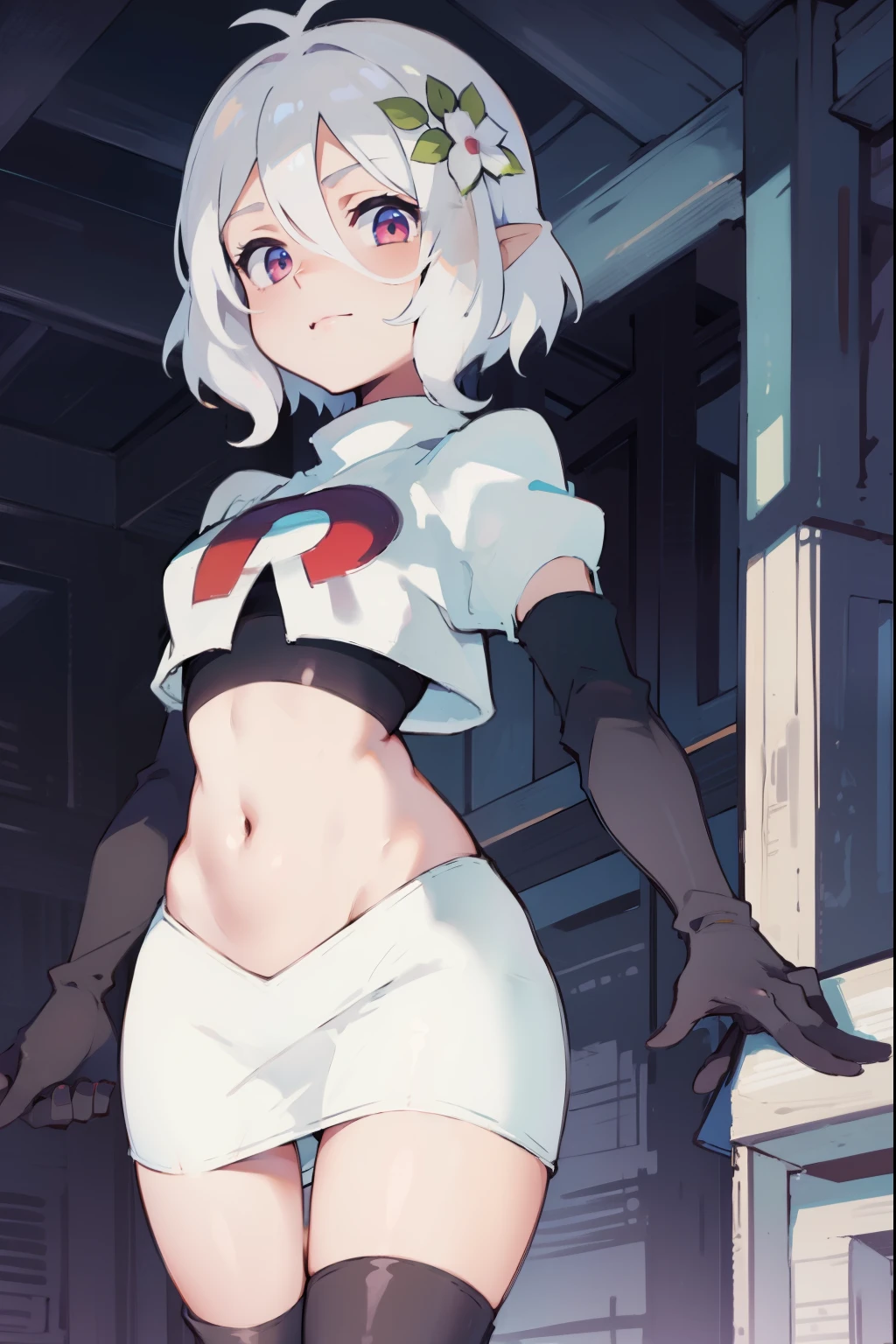 kokkoro,team rocket,team rocket uniform,white skirt,crop top,black thigh-high boots,black elbow gloves,