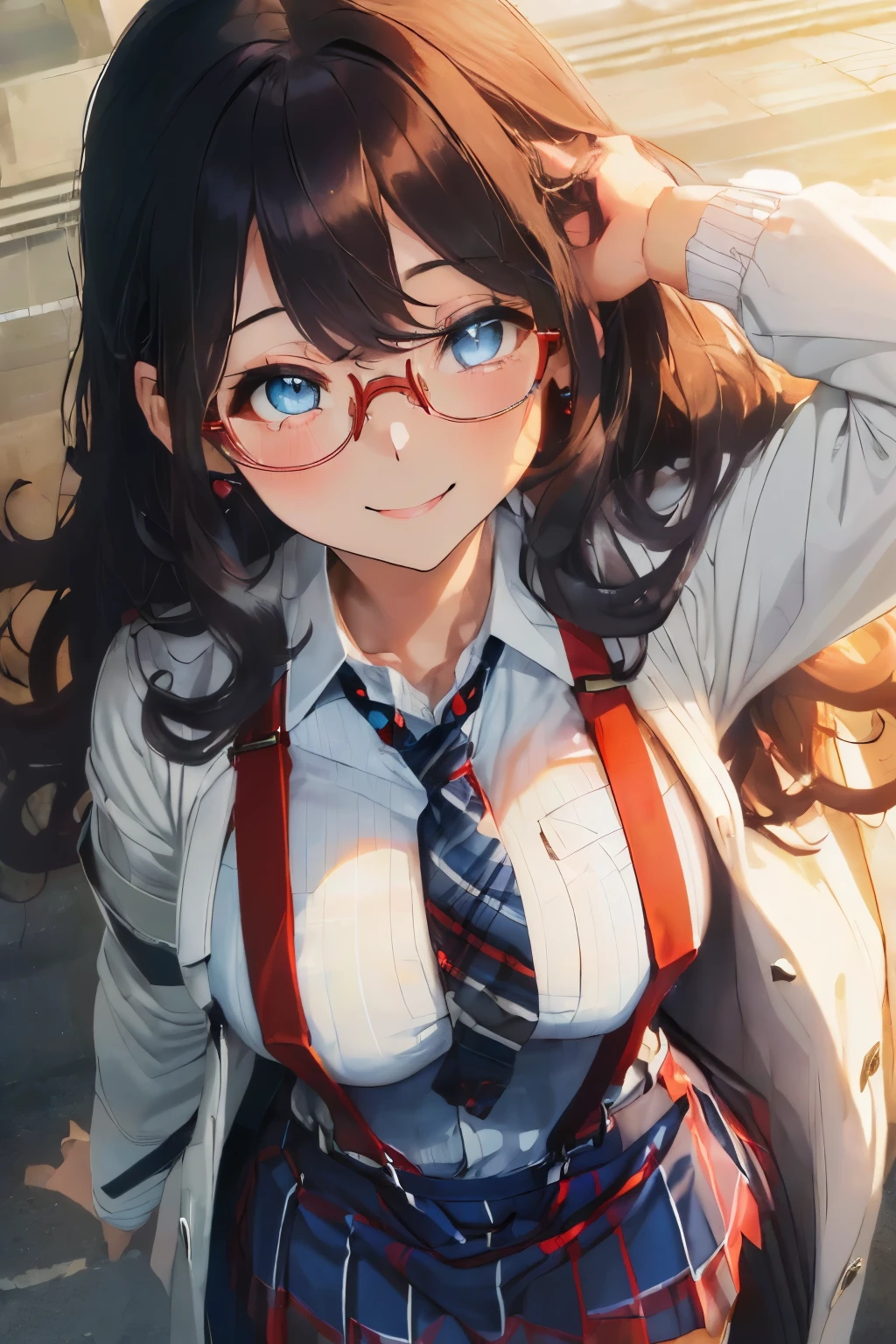 (Dark hair),(Curly hair with a lot of fluff:1.4),(Long curly hair:1.3),(With bangs),(Blue eyes:1.25),Slight red tide,(warm white coat:1.5),(white and navy striped clothes:1.2),(Red plaid tie:1.2),(skirt with suspenders:1.3),(pleatedskirt:1.2),(high socks),(Brown loafers),(Beautiful breasts spilling out of clothes:1.3),(Happy smile:1.1),(Smiling smile:1.15),(sunrise park:1.2),(Her eyes are sparkling:1.2),(Eye size:1.7),(Perspective from above:1.2),(close up of face:1.35),nsfw,(Show off your:1.3),(eye glasses:1.3)