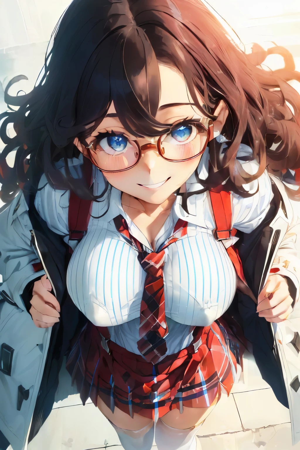 (Dark hair),(Curly hair with a lot of fluff:1.4),(Long curly hair:1.3),(With bangs),(Blue eyes:1.25),Slight red tide,(warm white coat:1.5),(white and navy striped clothes:1.2),(Red plaid tie:1.2),(skirt with suspenders:1.3),(pleatedskirt:1.2),(high socks),(Brown loafers),(Beautiful breasts spilling out of clothes:1.3),(Happy smile:1.1),(Smiling smile:1.15),(sunrise park:1.2),(Her eyes are sparkling:1.2),(Eye size:1.7),(Perspective from above:1.2),(close up of face:1.35),nsfw,(Show off your:1.3),(eye glasses:1.3)