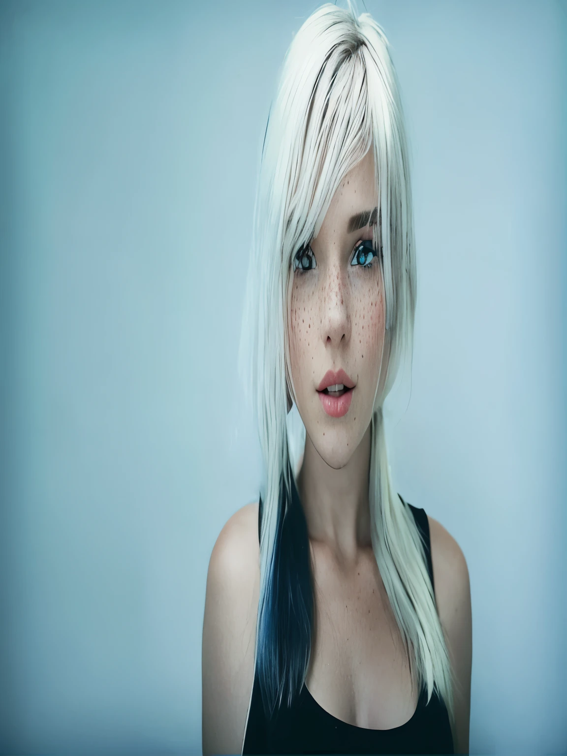 blond woman with blue eyes and freckled hair posing for a picture, girl with white hair, white-hair pretty face, perfect white haired girl, white freckles, girl silver hair, girl with short white hair, white - blond hair, a girl with blonde hair, white hair color, blonde hair blue eyes, silver hair girl, light cute freckles