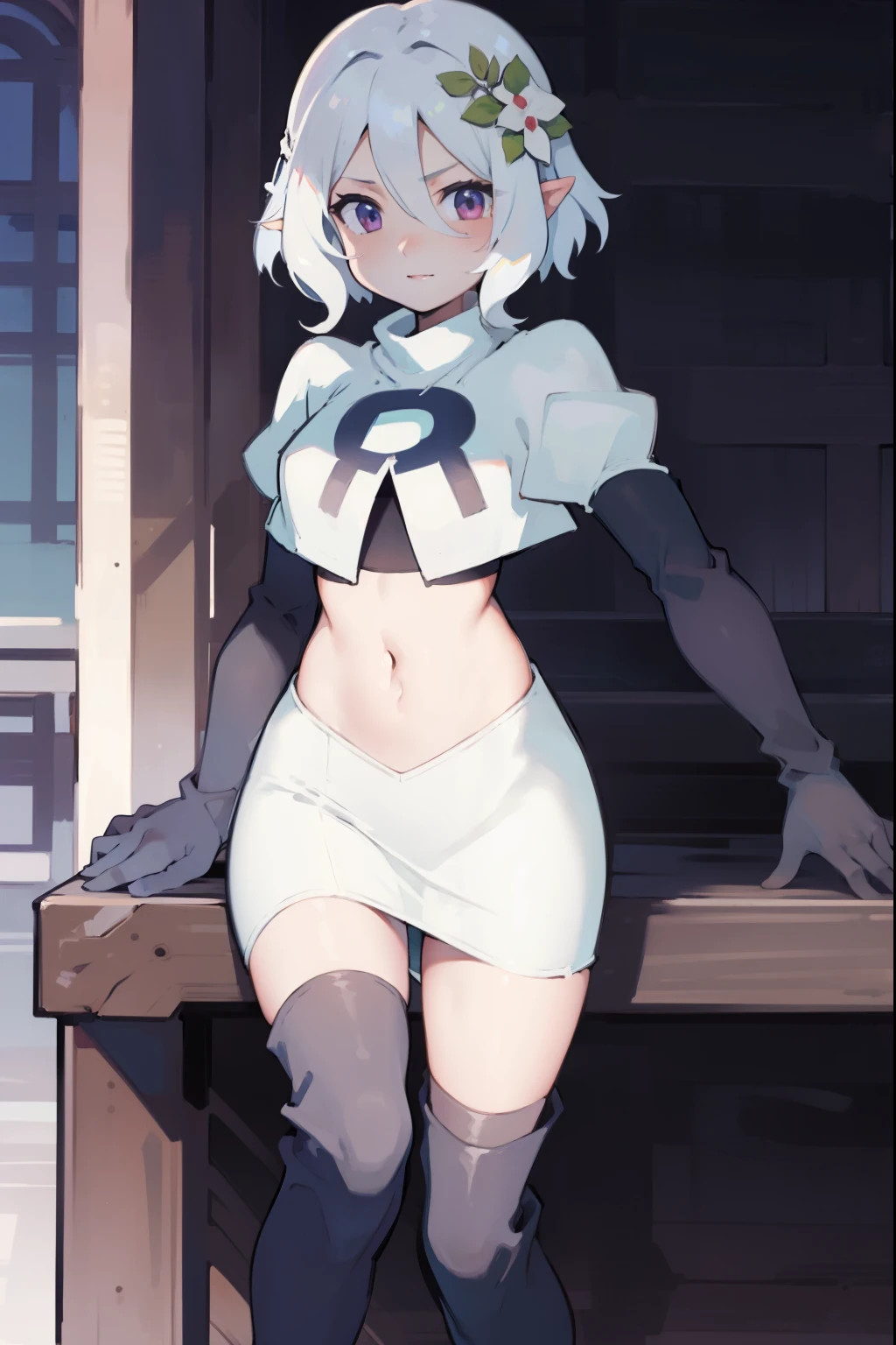 kokkoro,team rocket,team rocket uniform,white skirt,crop top,black thigh-high boots,black elbow gloves,