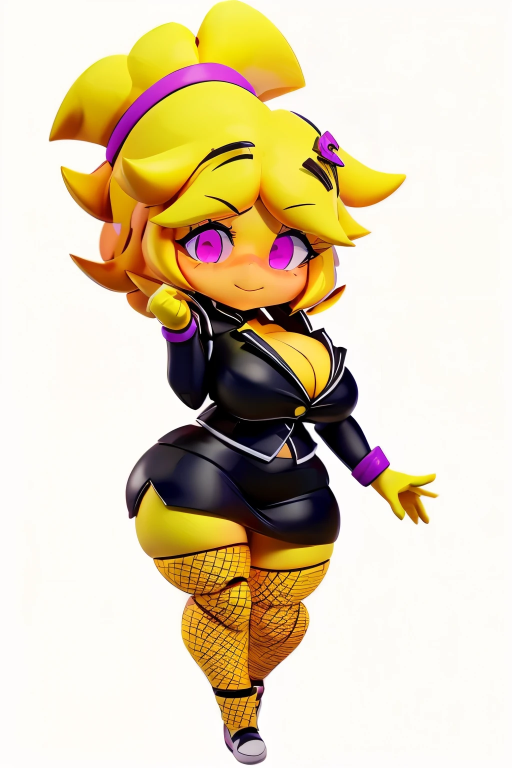 (best quality, masterpiece1.2), 1girl, solo, human, cally3d, (chiku), yellow body, blonde, yellow skin, yellow hair, fishnets, skirt, popstar, hair clips, pink eyes, eyeliner, woman, sexy, detailed, extreme detail, perfect lighting, 4k, cleavage, wrist bands, tall, (chibi body), chibi, nendroid, background, white background, full body, standing