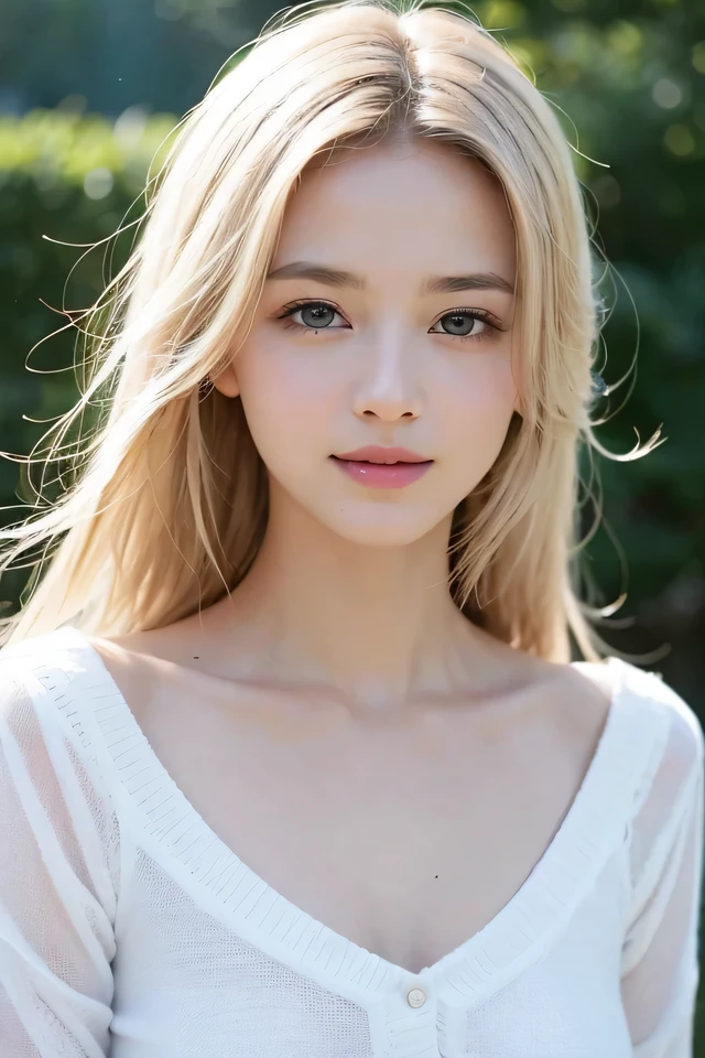 １５Caucasian model at the age, Full-body image,（(Clean clothes)), white  clothes, Skin Color, Pretty Caucasian Woman,  White hair, A smile, (8K, Raw photography, top-quality, ​masterpiece: 1.2), ​masterpiece, Super Detail, 超A high resolution, (Realistic and realistic photos: 1.37), high-definition RAW color photography, extremely delicate and beautiful, 非常にdetaileds, 8K Wallpaper, astonishing, detaileds, 非常にdetailedsな目, 非常にdetailedsな肌, 非常にdetailedsな指, h非常にdetaileds nose, 非常にdetailedsな口, perfect anatomia, The upper part of the body, , Sheer feeling、Transparency、Wearing a white sweater、, white  hair, Blue eyes, ​masterpiece, realistic skin textures, 超detaileds, shiny hair and white skin, 、 beautifully dressed body、Juvenile impression、The upper part of the body、Blue eyes、、she looks like a white woman、Innocent face、gentle and big eyes、natural skin textures