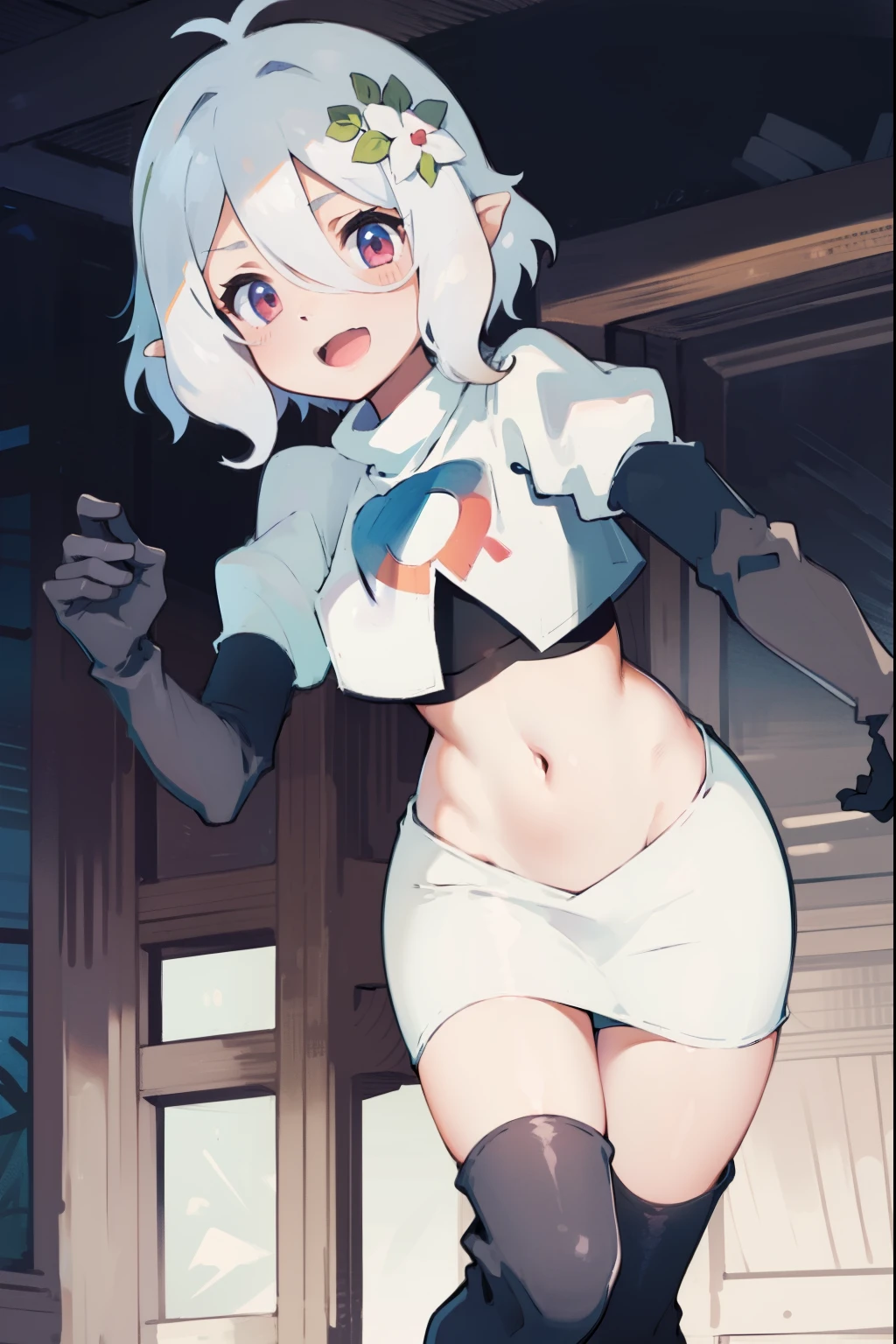 kokkoro,team rocket,team rocket uniform,white skirt,crop top,black thigh-high boots,black elbow gloves,