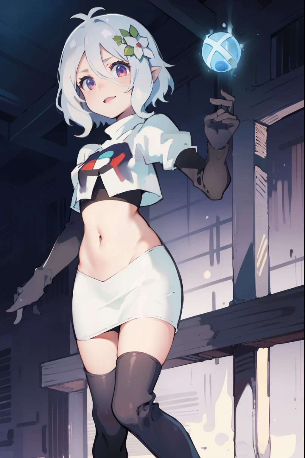 kokkoro,team rocket,team rocket uniform,white skirt,crop top,black thigh-high boots,black elbow gloves,