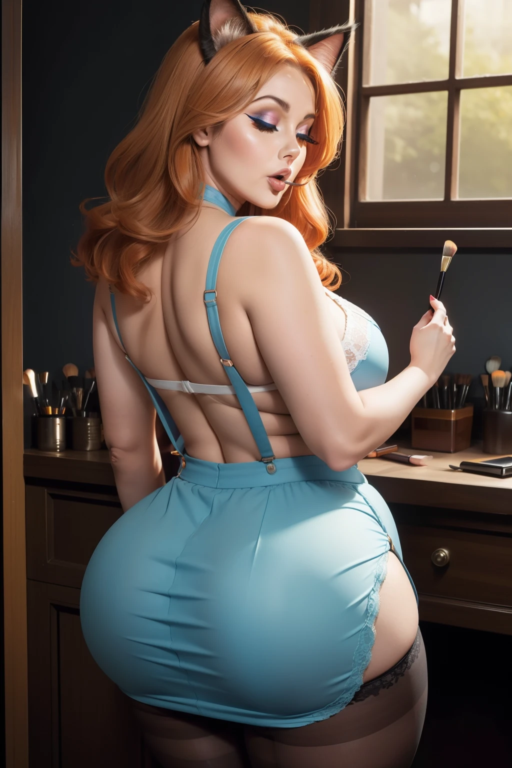 Lucy Pinder, ((very intense makeup)), sexy, voluptuous woman, cleavage, (Adele), chubby woman, lace, orange hair, cat ears, short-sleeved blouse, suspenders, skirt, light blue, pantyhose, ((mouth wide open)), ((Eyes closed)), back, Beautiful buttocks. upskirt.