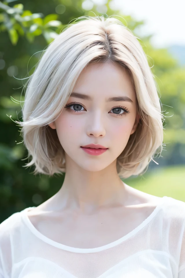 15Caucasian model at the age, Full-body image,((Clean clothes)), white clothes, Skin Color, Pretty Caucasian Woman, White hair, A smile, (8K, Raw photography, top-quality, masterpiece: 1.2), masterpiece, Super Detail, 超A high resolution, (Realistic and realistic photos: 1.37), high-definition RAW color photography, extremely delicate and beautiful, 非常にdetaileds, 8K Wallpaper, astonishing, detaileds, 非常にdetailedsな目, 非常にdetailedsな肌, 非常にdetailedsな指, h非常にdetaileds nose, 非常にdetailedsな口, perfect anatomia, The upper part of the body, , Sheer feeling、Transparency、Wearing a white sweater、, white hair, Blue eyes, masterpiece, realistic skin textures, 超detaileds, shiny hair and white skin, 、 beautifully dressed body、Juvenile impression、The upper part of the body、Blue eyes、、she looks like a white woman、Innocent face、gentle and big eyes、natural skin textures