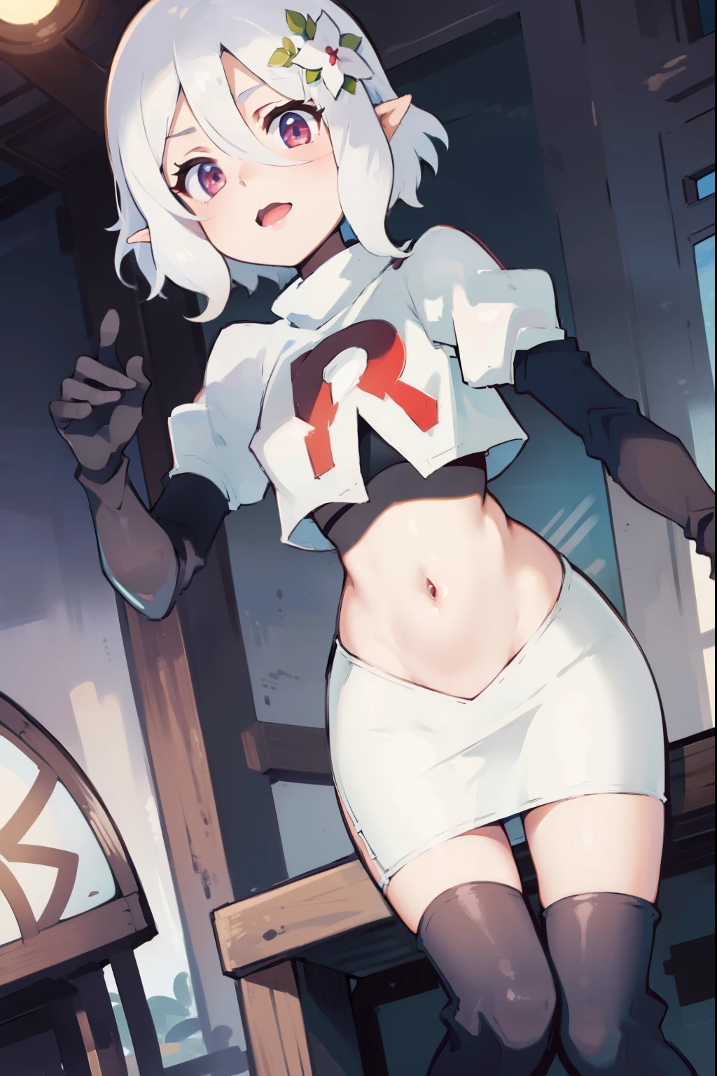 kokkoro,team rocket,team rocket uniform,white skirt,crop top,black thigh-high boots,black elbow gloves,