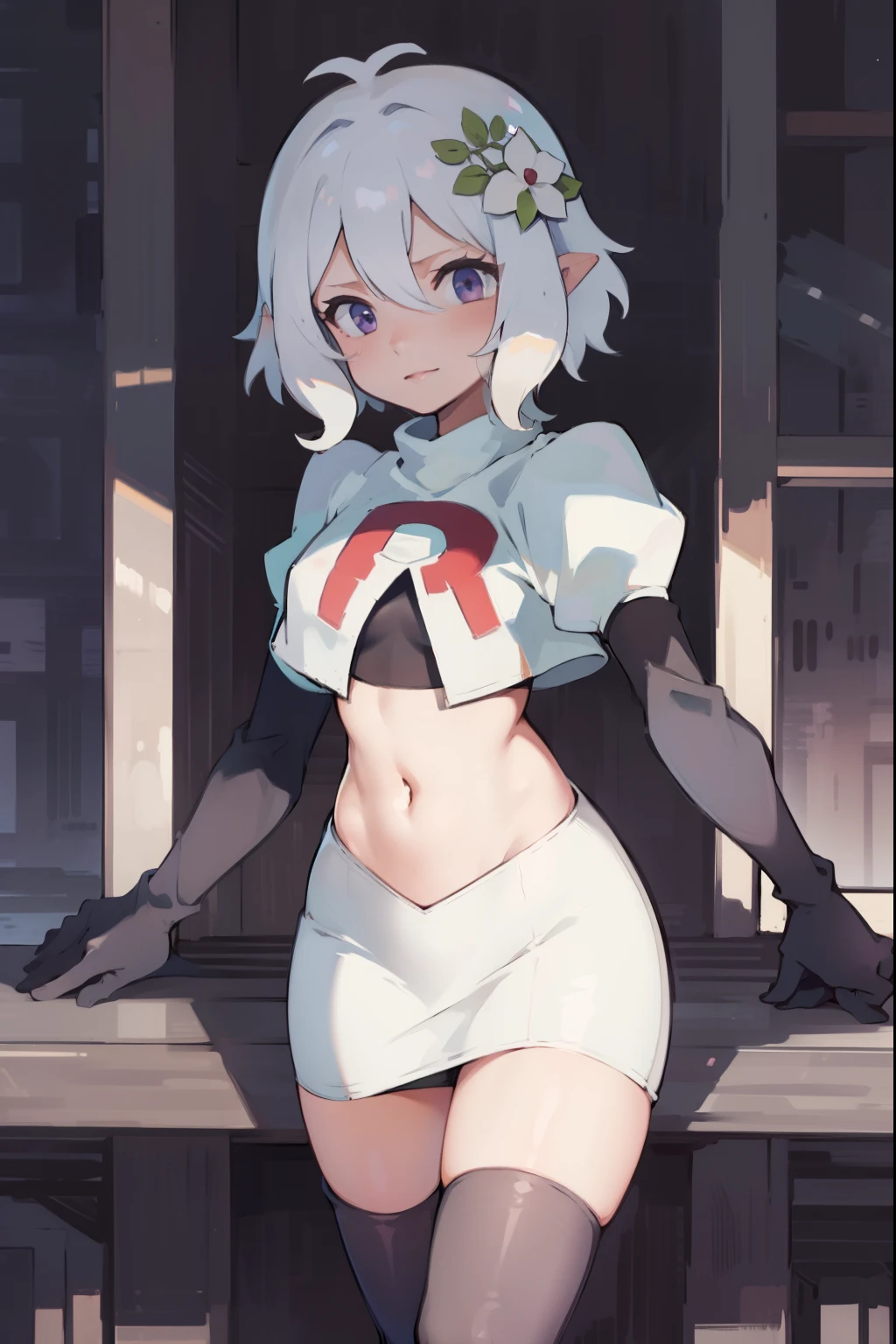 kokkoro,team rocket,team rocket uniform,white skirt,crop top,black thigh-high boots,black elbow gloves,