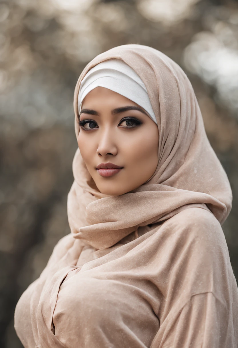 Full-body portrait professional photo of a indonesian ((nude)) hijab girl ((showing nude big tits)) outside during winter, (hijab), 21 yo, ((clearly detailed face and eyes))big tits(hard nipple piercing)