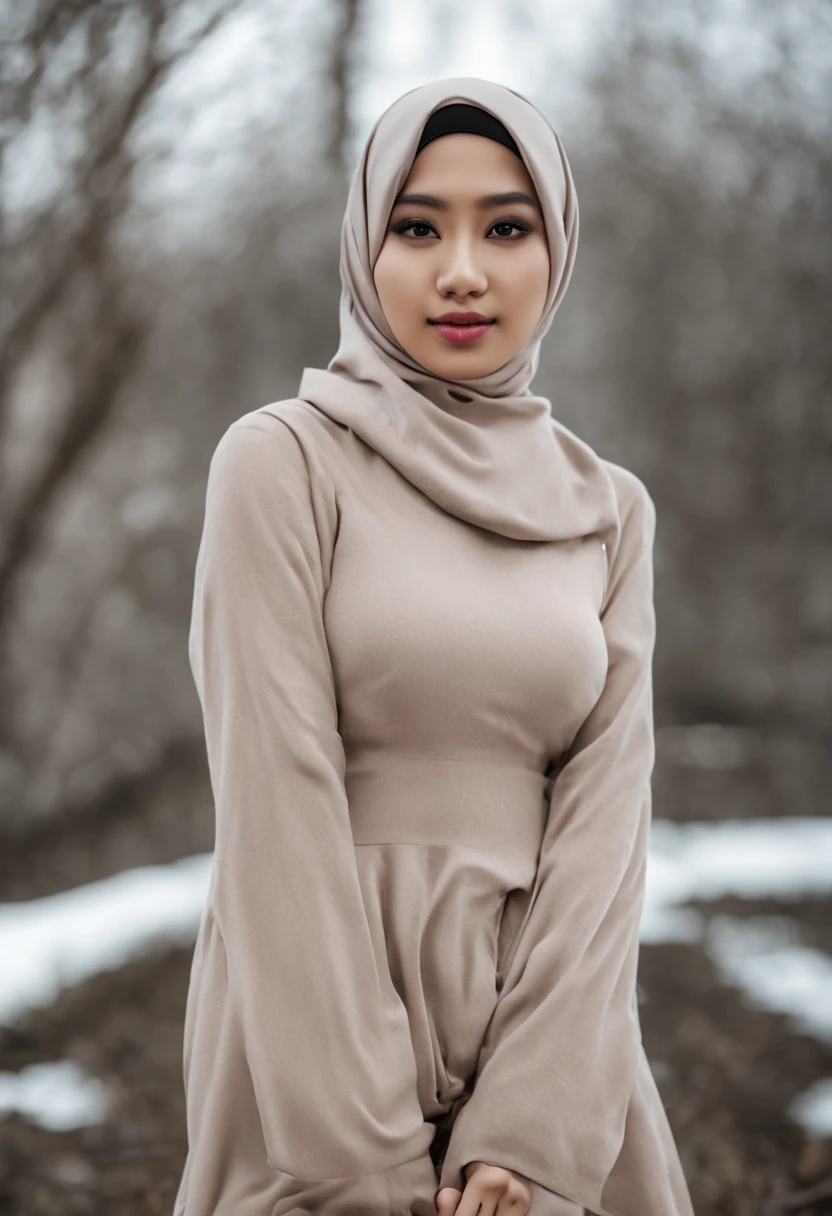 Full-body portrait professional photo of a indonesian ((nude)) hijab girl ((showing nude big tits)) outside during winter, (hijab), 21 yo, ((clearly detailed face and eyes))big tits(hard nipple piercing)