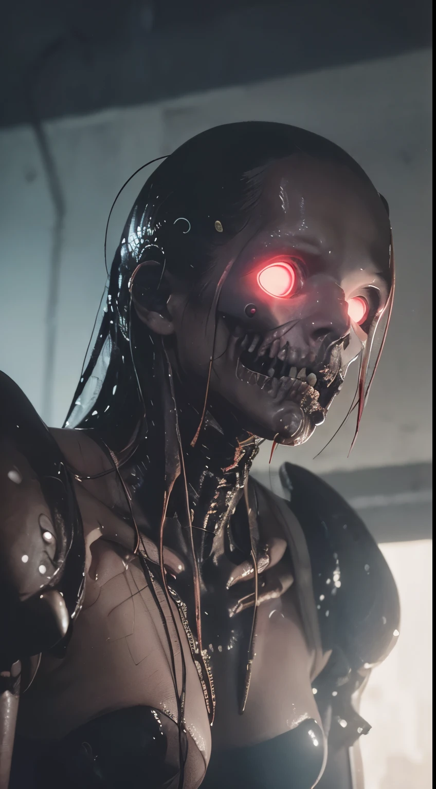 cyberpunk feminino, com fios saingo, mandibles, dentes afiados, Filme de Horror, animatronic, filme gore, filmado com panavision, biomechanico, HR giger style, goth, industrial, sci fi, monocromatic, estilo VHS antigo, choro, soio, triste,  Industrial Gothic, industrial, cheirando para o jantar, lado a lado, fechado, cheirando para o jantar, imagem frontal, red, neon pink lights in the background , closed up face