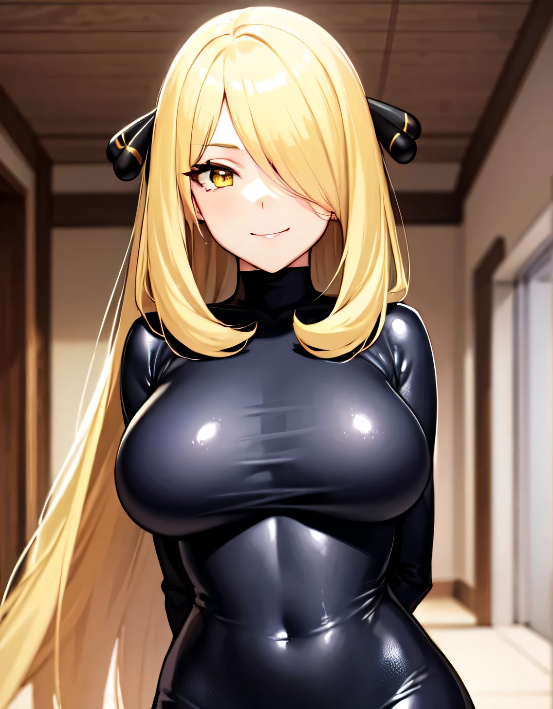 Pokémon Cynthia, Blonde hair, Hair Ornament, Hair over one eye, Long hair, (Yellow eyes:1.5), (Sensitive smile:1.2), (full tight latex bodysuit),Looking at Viewer, (Upper body:1.1),(Look at the front:1.1), indoor hall,((masutepiece)),((Best Quality)), High resolution,8K UHD,(Beautiful detailed eyes:1.5), extra detailed face,ultra-detailliert,Perfect Anatomy,arms behind back,((Solo)),((1 girl)),(Large breasts:1.5),image perfect,Slim waist,