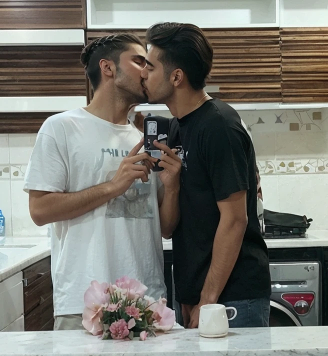Gay couple Iranian boy with light brown skin and cuted short stubble with man bun hair style with white t-shirt and big nose kissing another boy with white skin with Oval hair style in Tehran city at stary night with fireworks