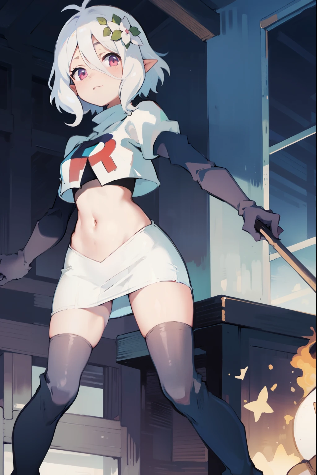 kokkoro,team rocket,team rocket uniform,white skirt,crop top,black thigh-high boots,black elbow gloves,