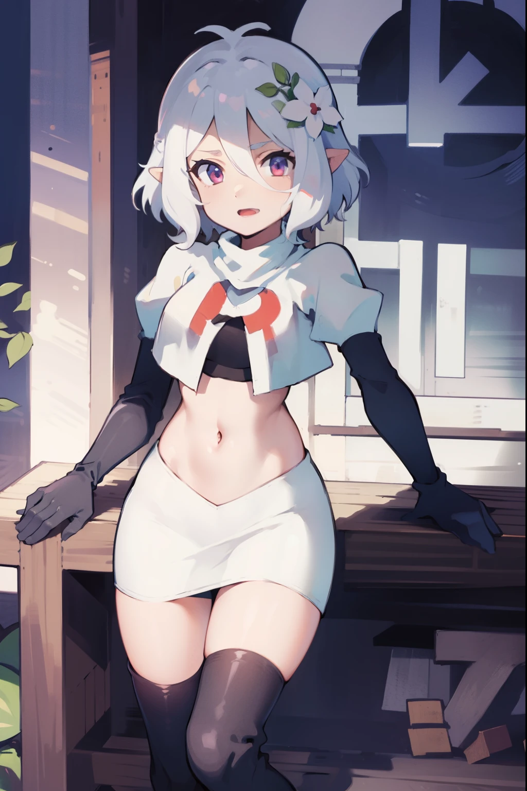 kokkoro,team rocket,team rocket uniform,white skirt,crop top,black thigh-high boots,black elbow gloves,