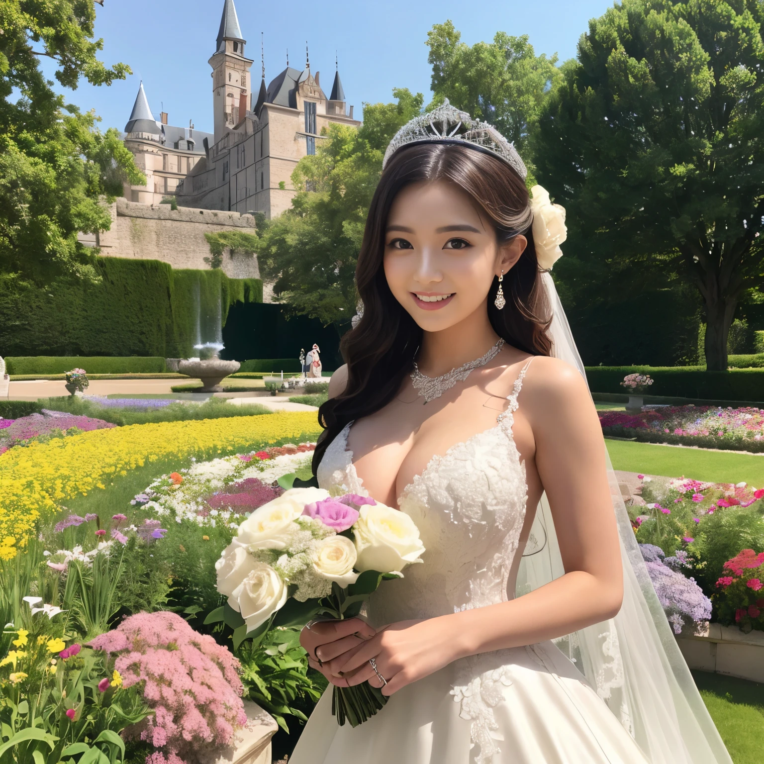 (masutepiece、top-quality、8K、Highly Detailed and Complex Detail、The most complex and detailed textures、Super High Detail)、1 very bride、large full breasts、The most luxurious wedding dress、wedding lace、The finest giant tiara、Top quality giant necklace、the most luxurious and luxurious decoration、(surrounded by lots of flowers:1.2)、Bride in the castle flower garden、the most luxurious and romantic wedding、(huge flower gardenに立つ花嫁:1.2)、one giant fountain、huge flower garden、Exterior of the most luxurious and huge European castle in the background、Upper body photo、the biggest smile when you look at me
